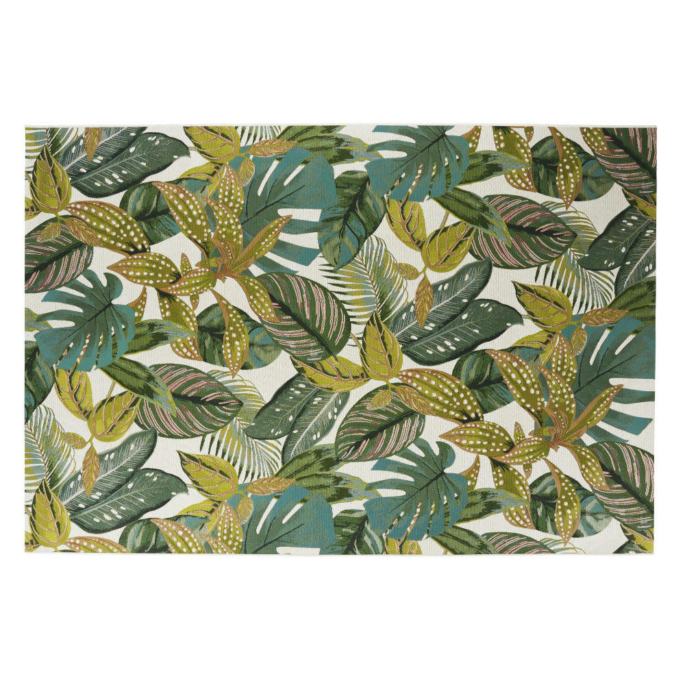 HOANI - Tapis tissé jacquard imprimé jungle écru, bleu et vert 160x230
