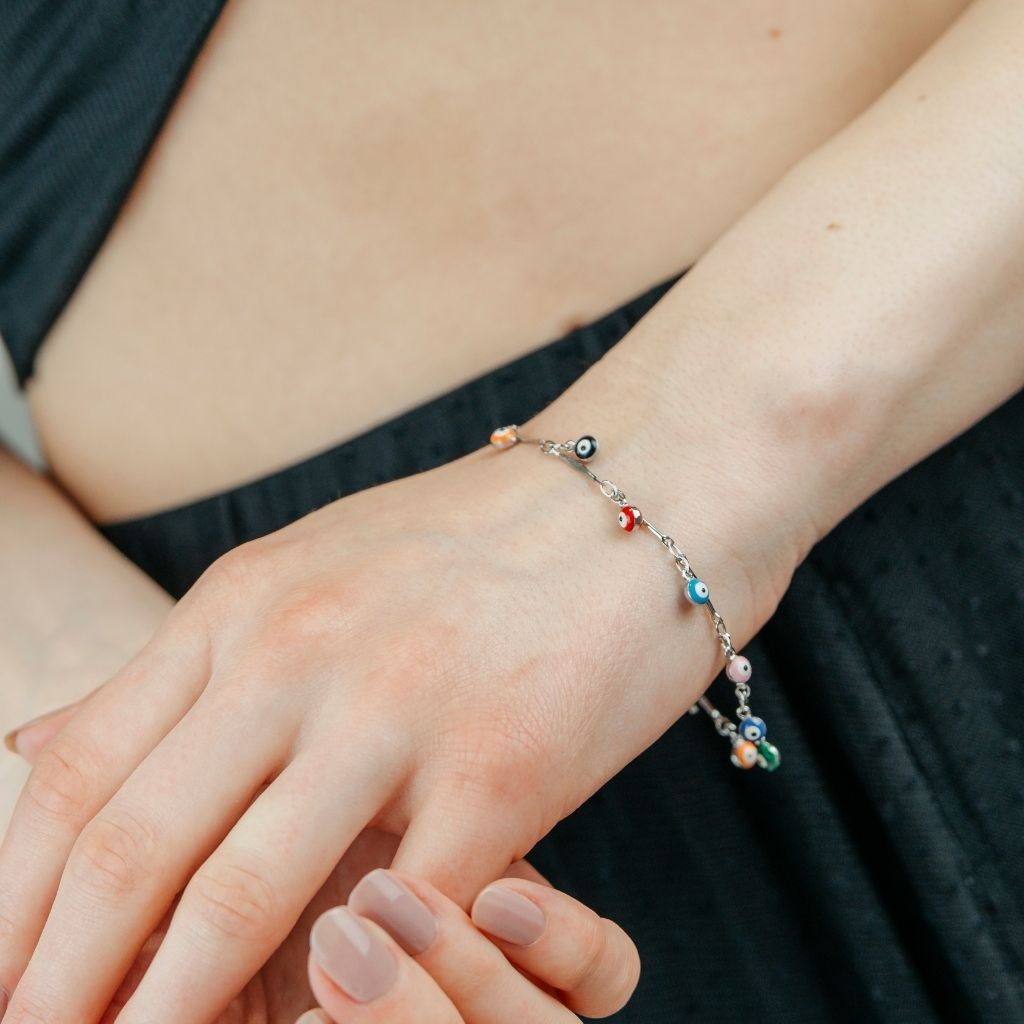 The Colourful Aura Silver Plated Dainty Evil Eye Protection Charm Beaded Dangly Adjustable Bracelet