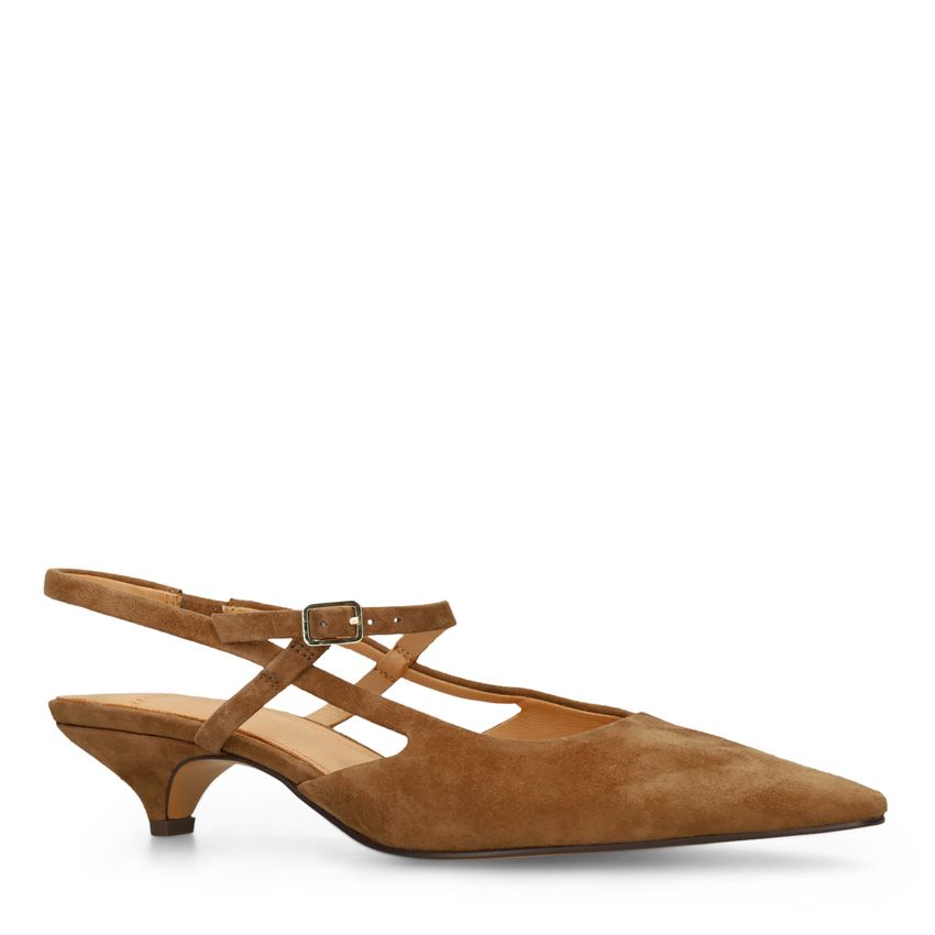 Manfield Cognac suède slingbacks met kittenheel