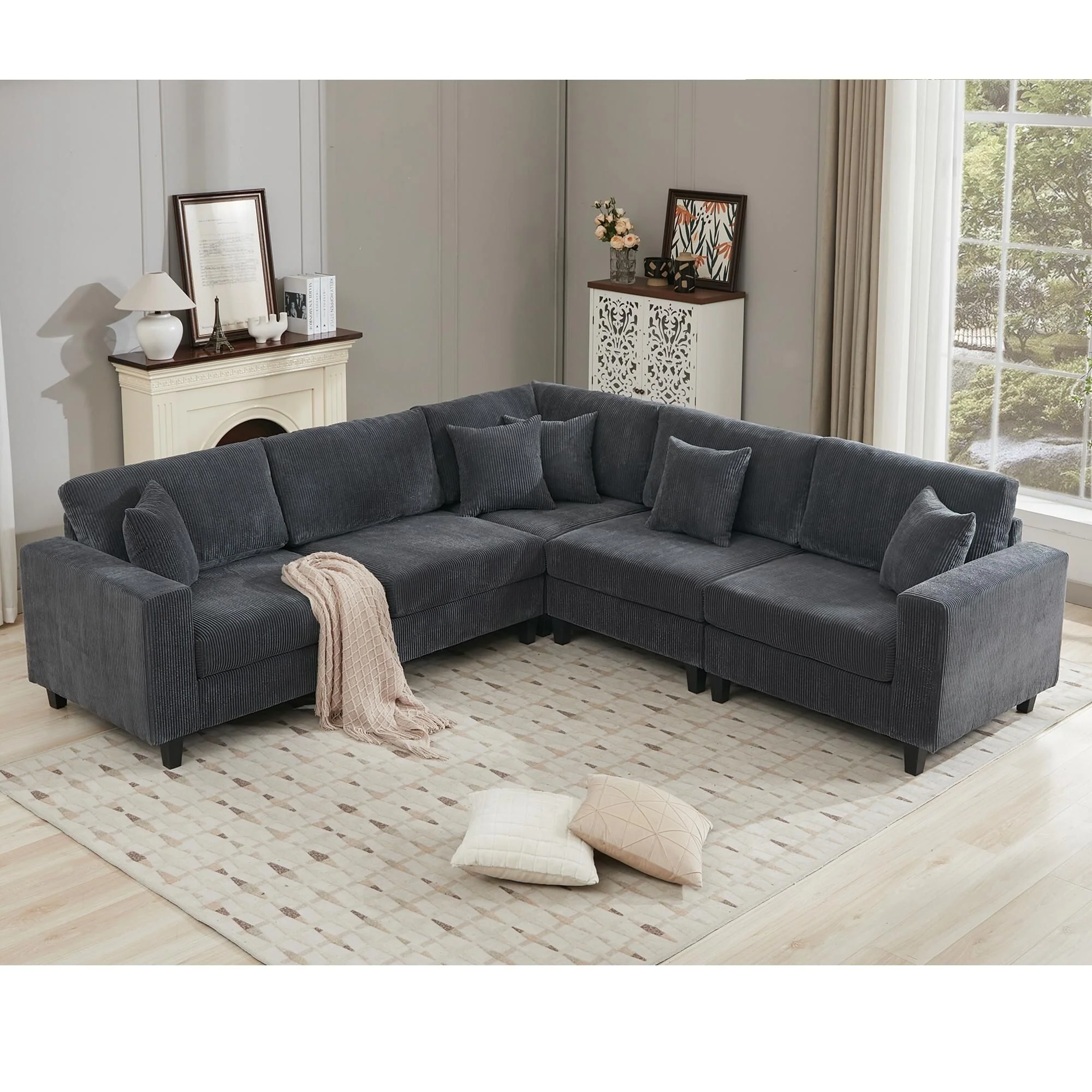 Oversized Sectional Sofa Set, L Shaped Corduroy Couch Deep Seat Chaise Lounge with 5 Throw Pillows for Living Room Loveseat