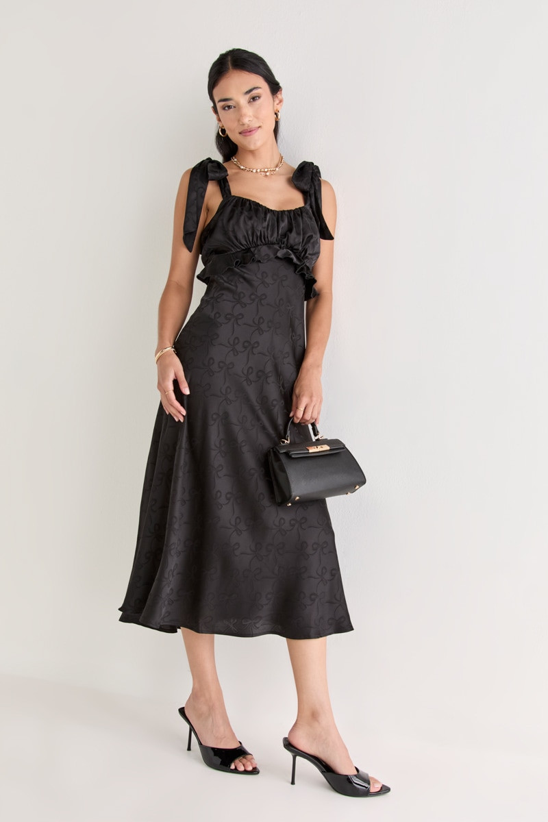 Rita Ruched Bow Jacquard Midi Dress Black