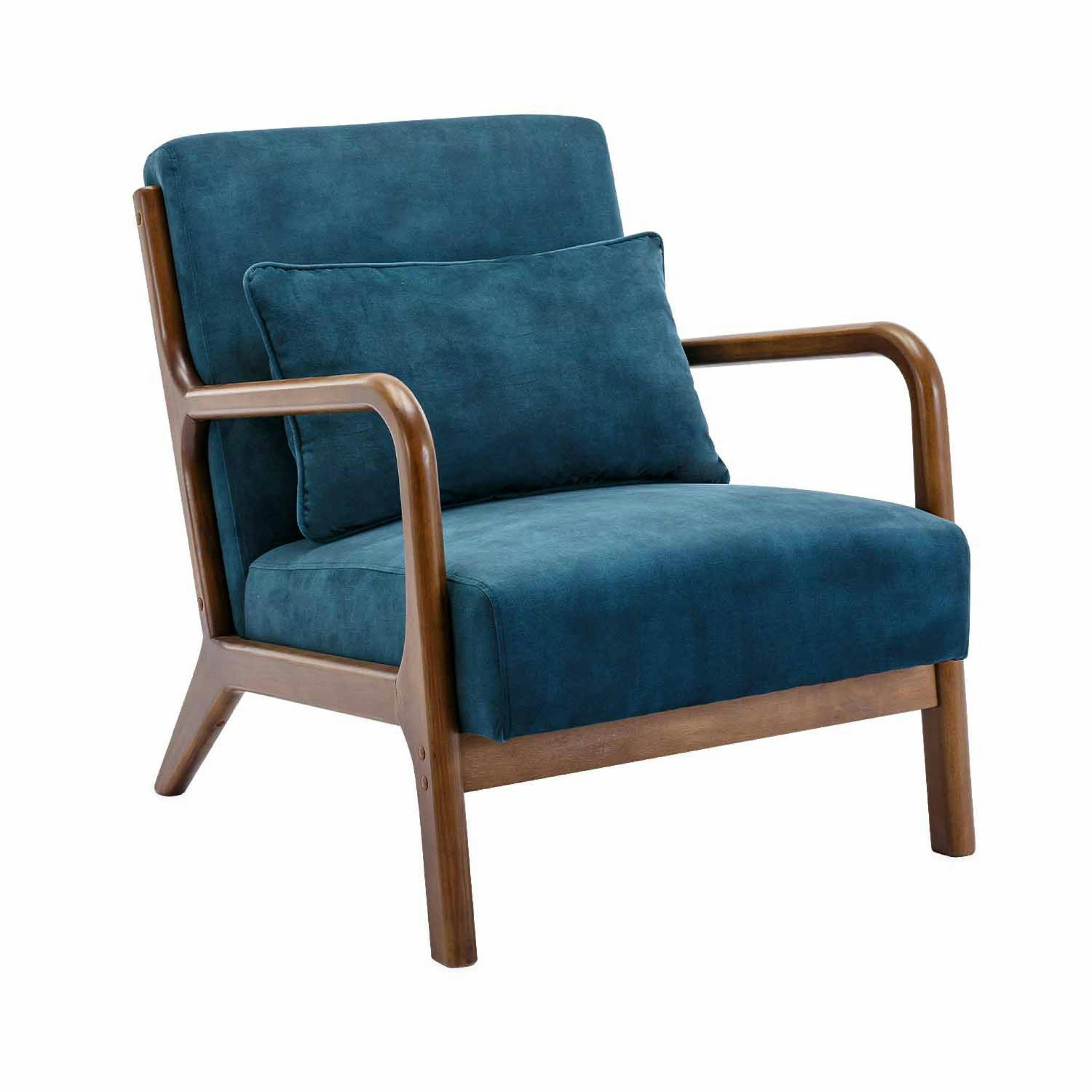 LORENS - Fauteuil velours bleu pétrole, hévéa teinté
