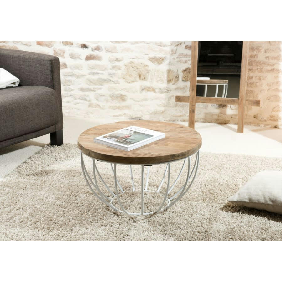 ALIDA - Table basse coque en teck recyclé métal blanc D60