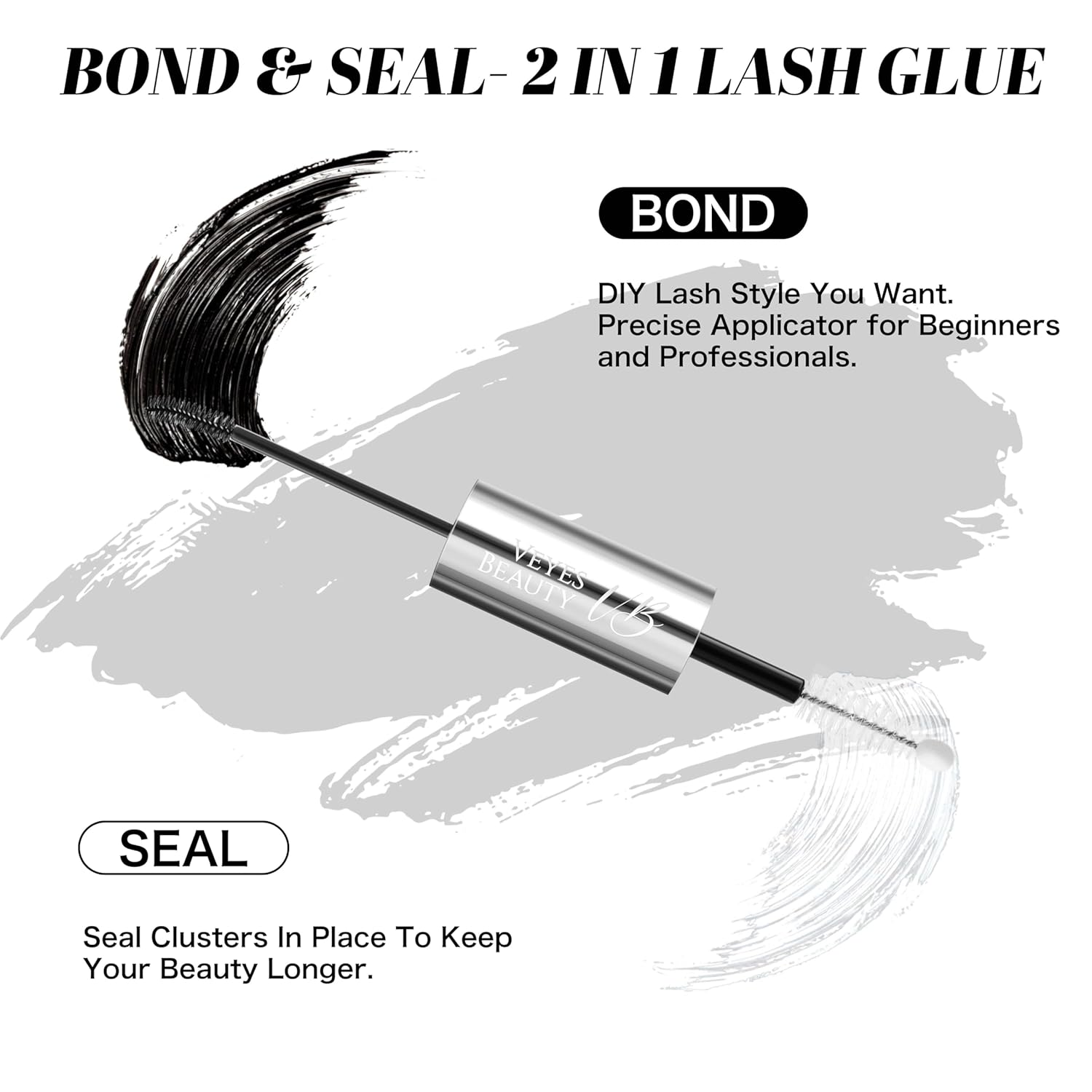 VEYESBEAUTY Lash Bond and Seal Waterproof 2 in 1 Cluster Lash Glue for Eyelash Extensions Long Lasting Strong Hold Individual Eyelash Glue for DIY Lash Extensions Self Use at Home 7ml+7ml