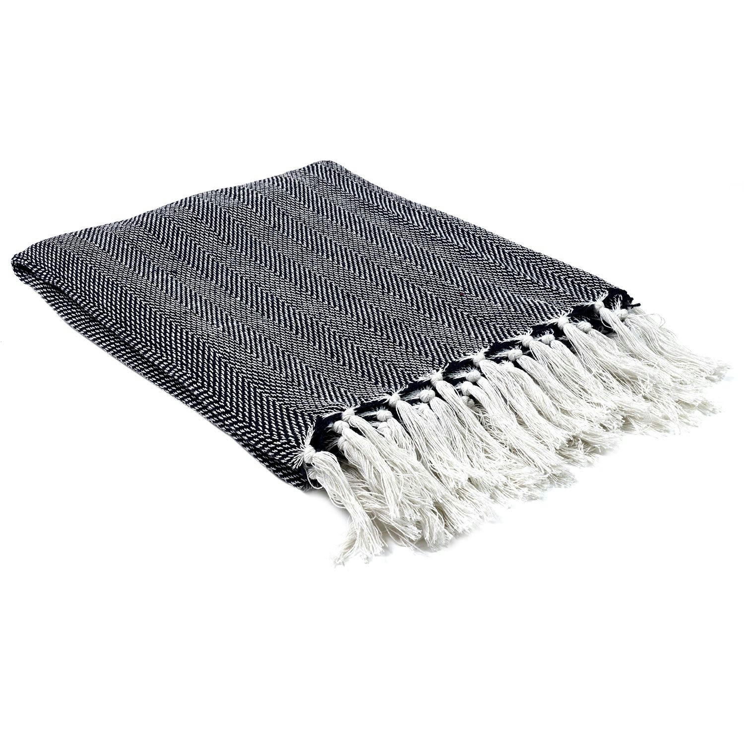 JACQUARD - Plaid imprimé géométrique avec franges nouées 125x150cm bleu