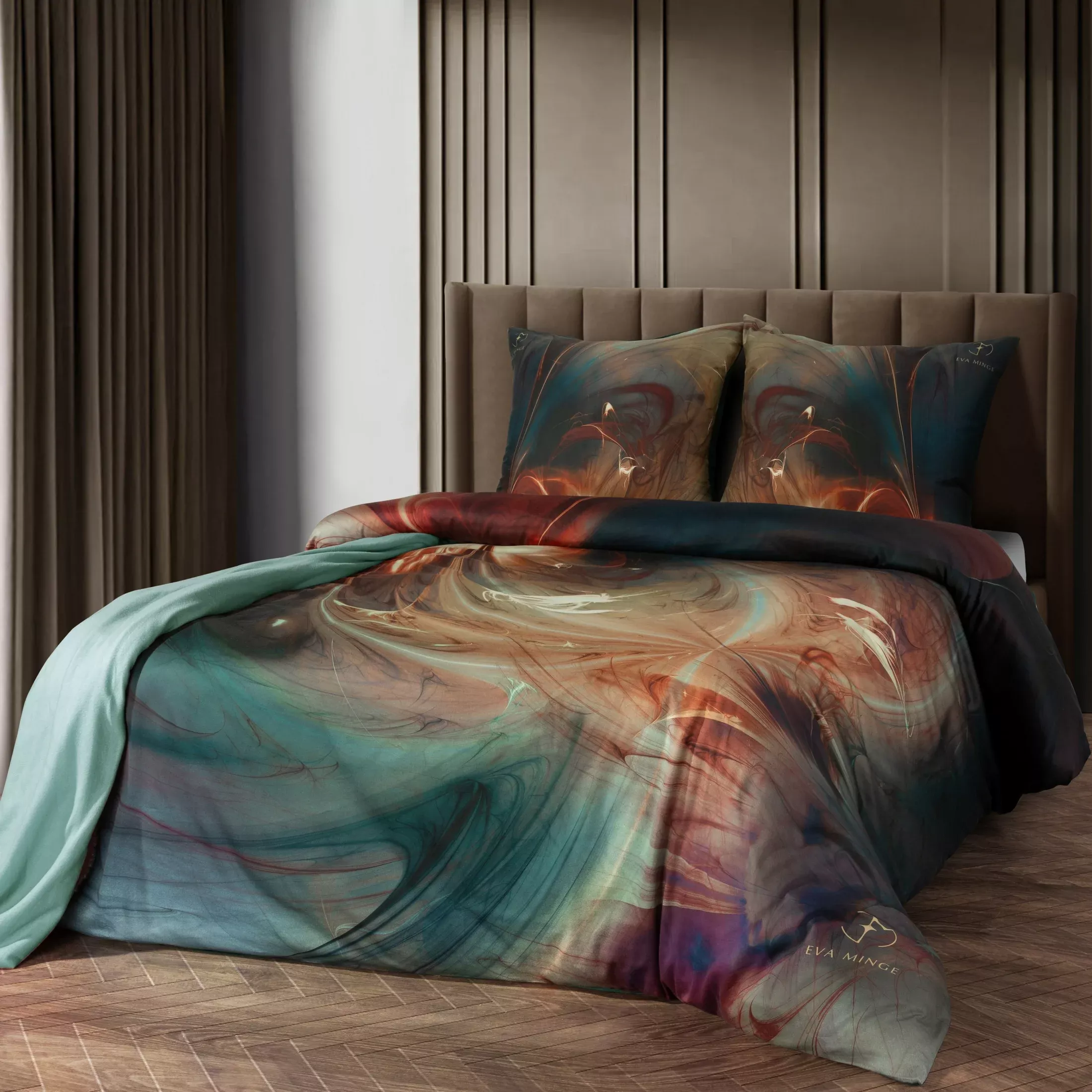 Pościel bawełniana z makosatyny 220x200 cm komplet 3 częściowy kolor butelkowa zieleń, pomarańczowy z designerskim wzorem SELVA Eva Minge