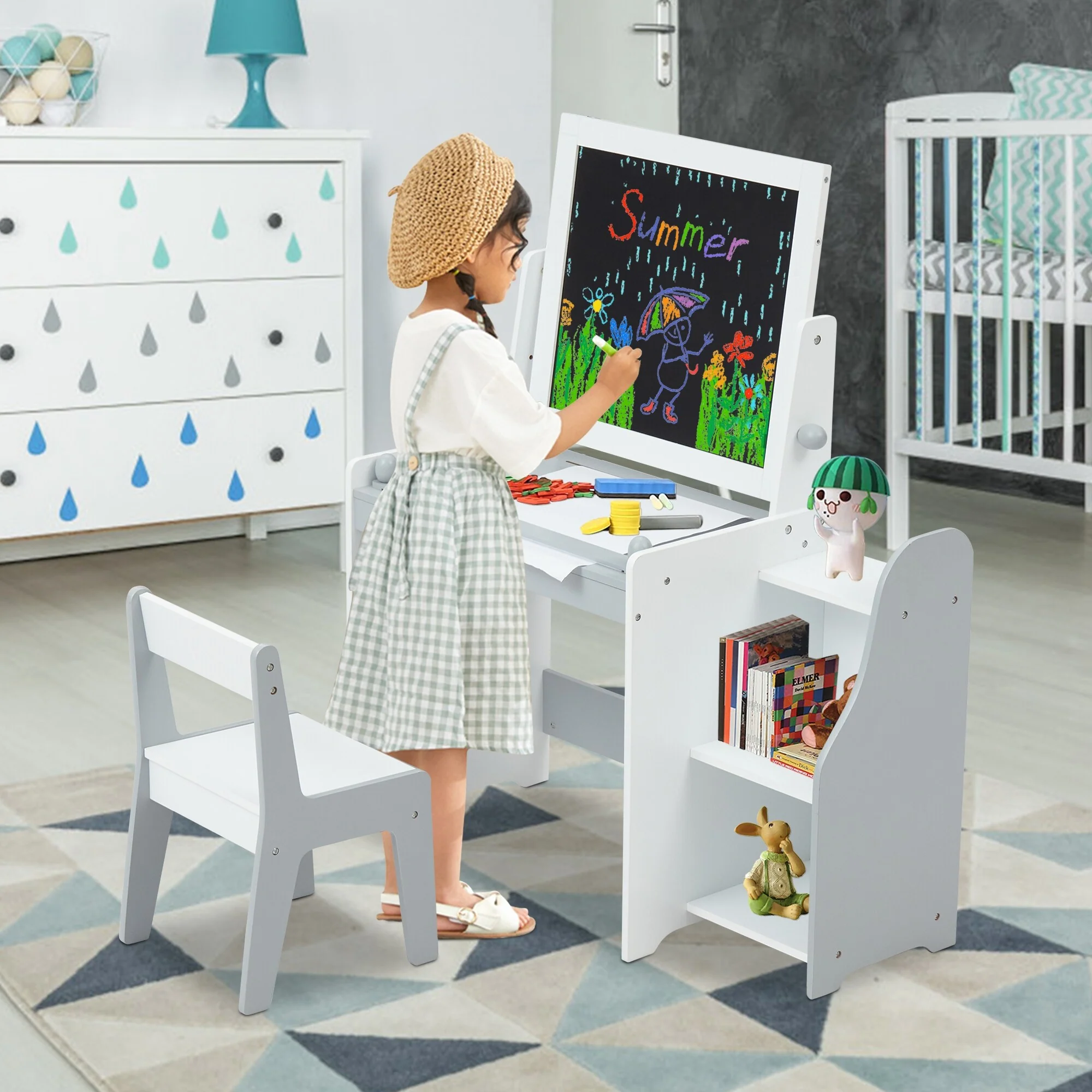 Kids Study Desk, Wooden Study Desk w/ Chair for Children, Painting Desk w/ Chalkboard, Writing Desk w/ Storage shelf, White