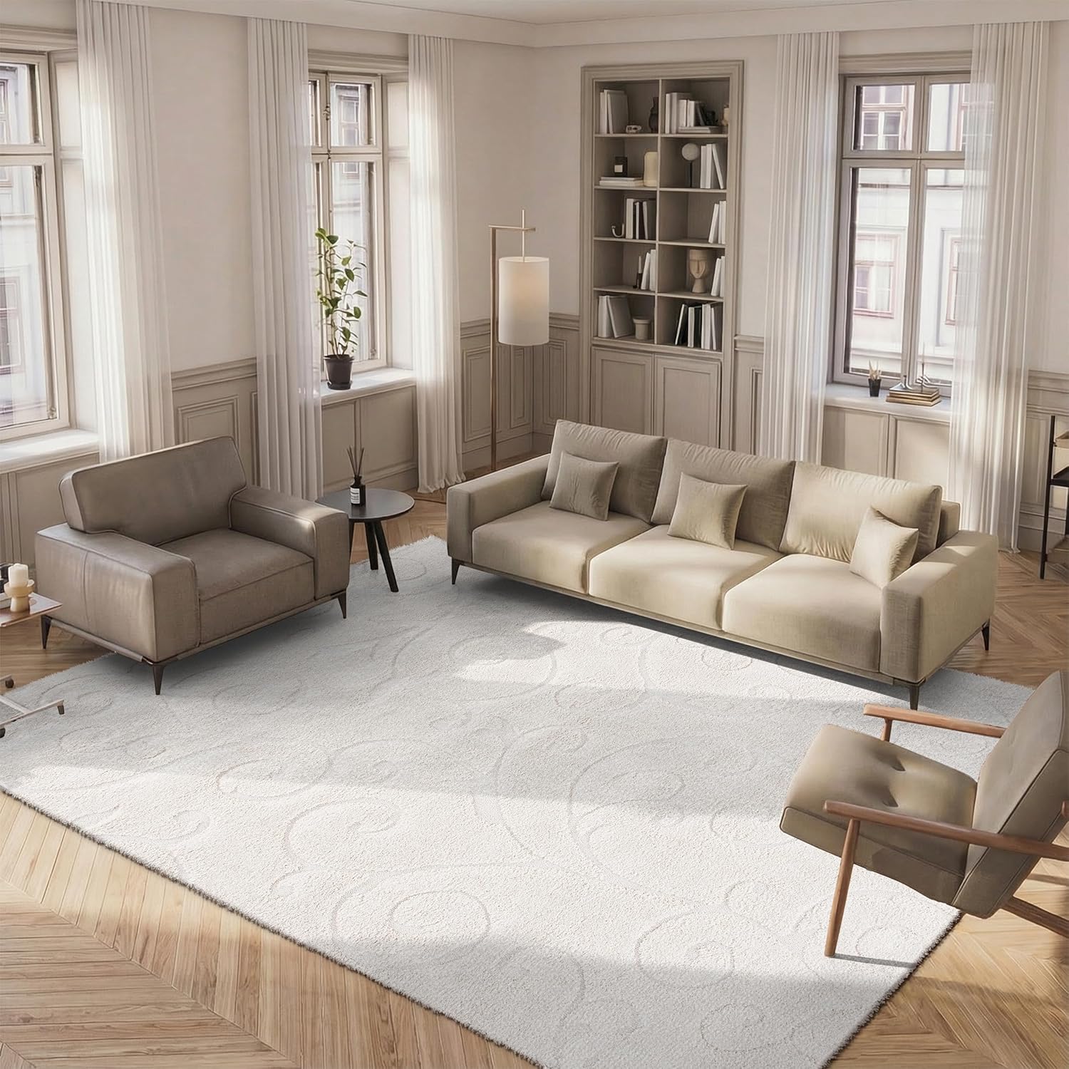 SAFAVIEH Area Rug 8x10 - Florida Shag Collection - Large - Cream & Cream, Scroll Design, Non-Shedding & Easy to Clean, High-Low Plush Pile, Ideal for Living Room, Bedroom, Dining Space (SG455-1111)