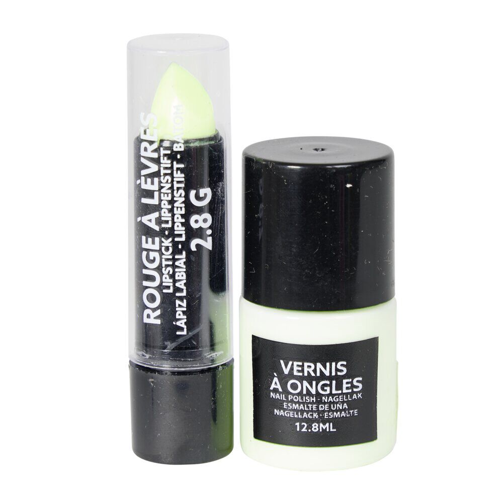 Vernis à ongles et rouge à lèvres phosphorécents verts
