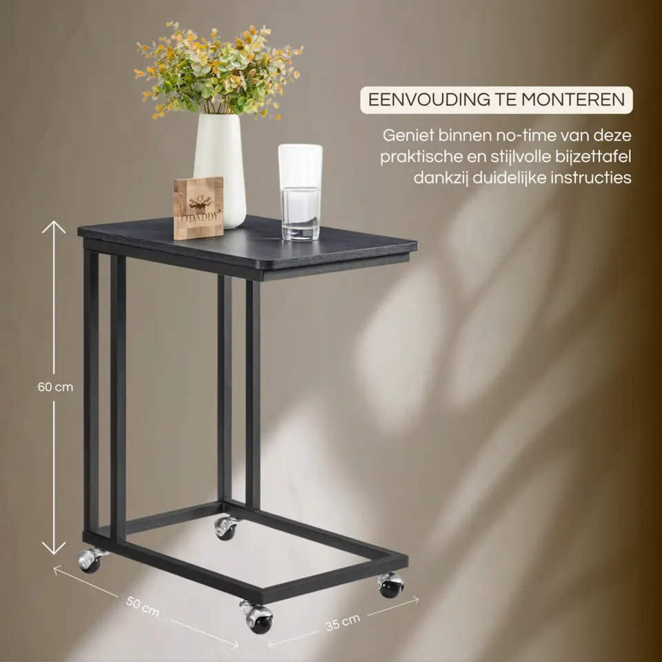 O'DADDY Bijzettafel - Metaal & Hout - Zwart/Grijs - 50x35x55 cm - Met Wielen