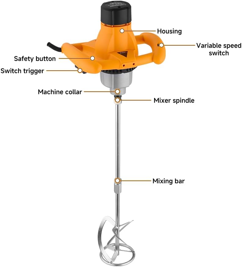 Hoteche 1200W Handheld Power Cement Mixer, 6-Variable Speed Electric Concrete Mixer, Heavy Duty Portable Mortar Mixer, Pro Drill Mixer for Mud, Thinset, Grout, Paint & Plaster