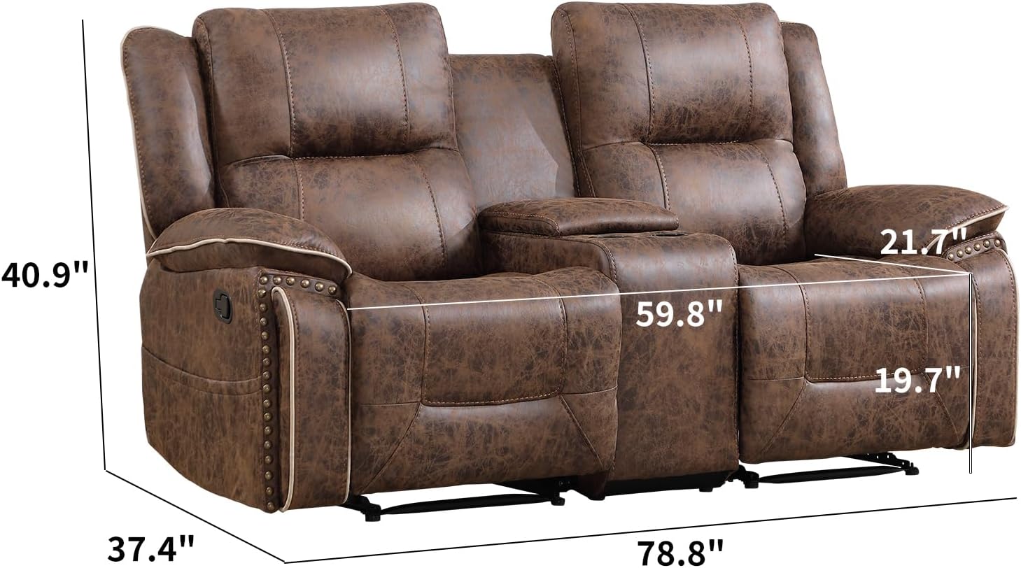 EBELLO Faux Leather Manual Recliner Loveseat, 2 Seater Reclining Sofa Chair with Center Console, Hidden Storage and Cup Holders, Vintage Rivet Mid-Century Design for Living Room, Meeting Room, Brown