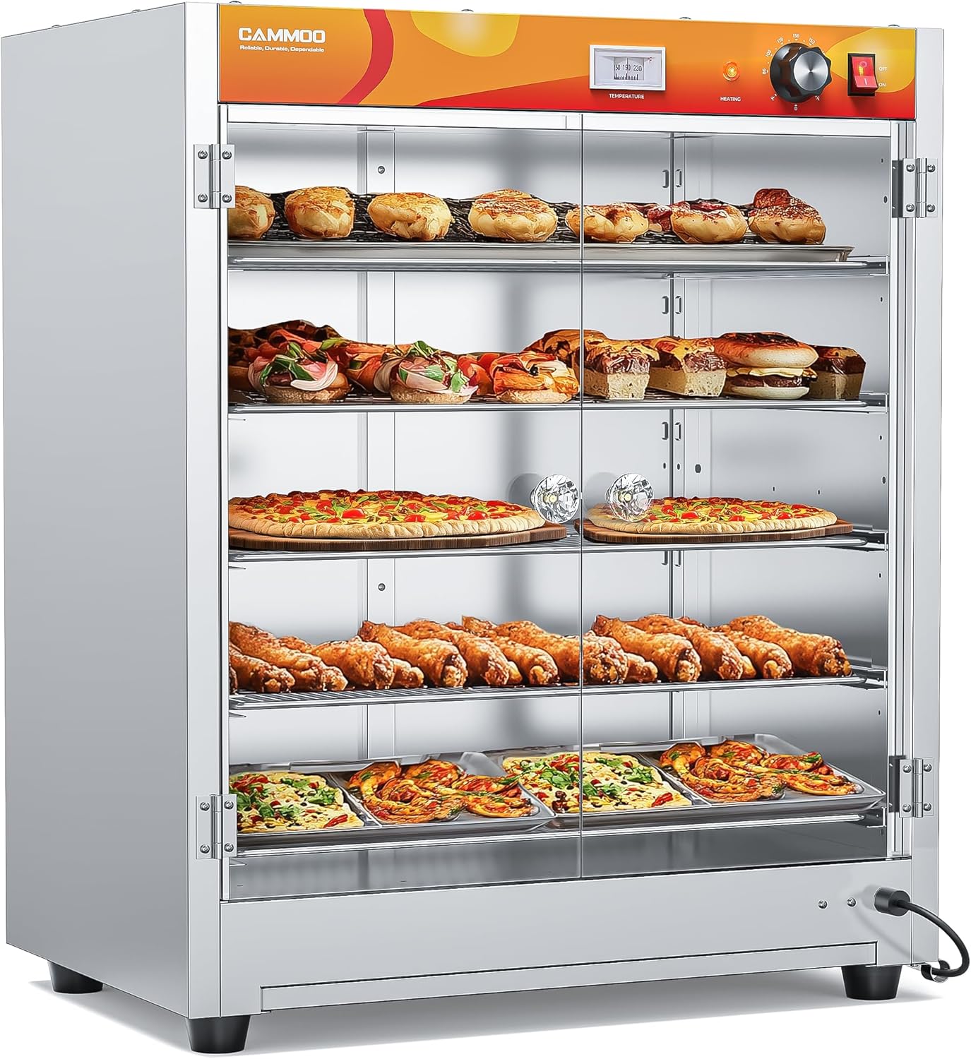 CAMMOO 133Qt 5-Tier 900W Commercial Food Warmer w/ 304 Blued Stainless Steel Heating Element, Double-Tempered Glass Door, Adjustable Shelf, Electric Catering Hot Box Countertop Heated Holding Cabinet