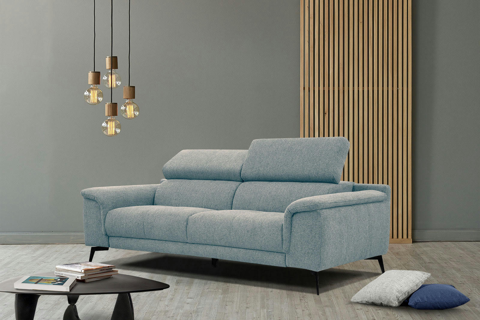 FIERO - Canapé droit 3 places XXL tissu bleu clair