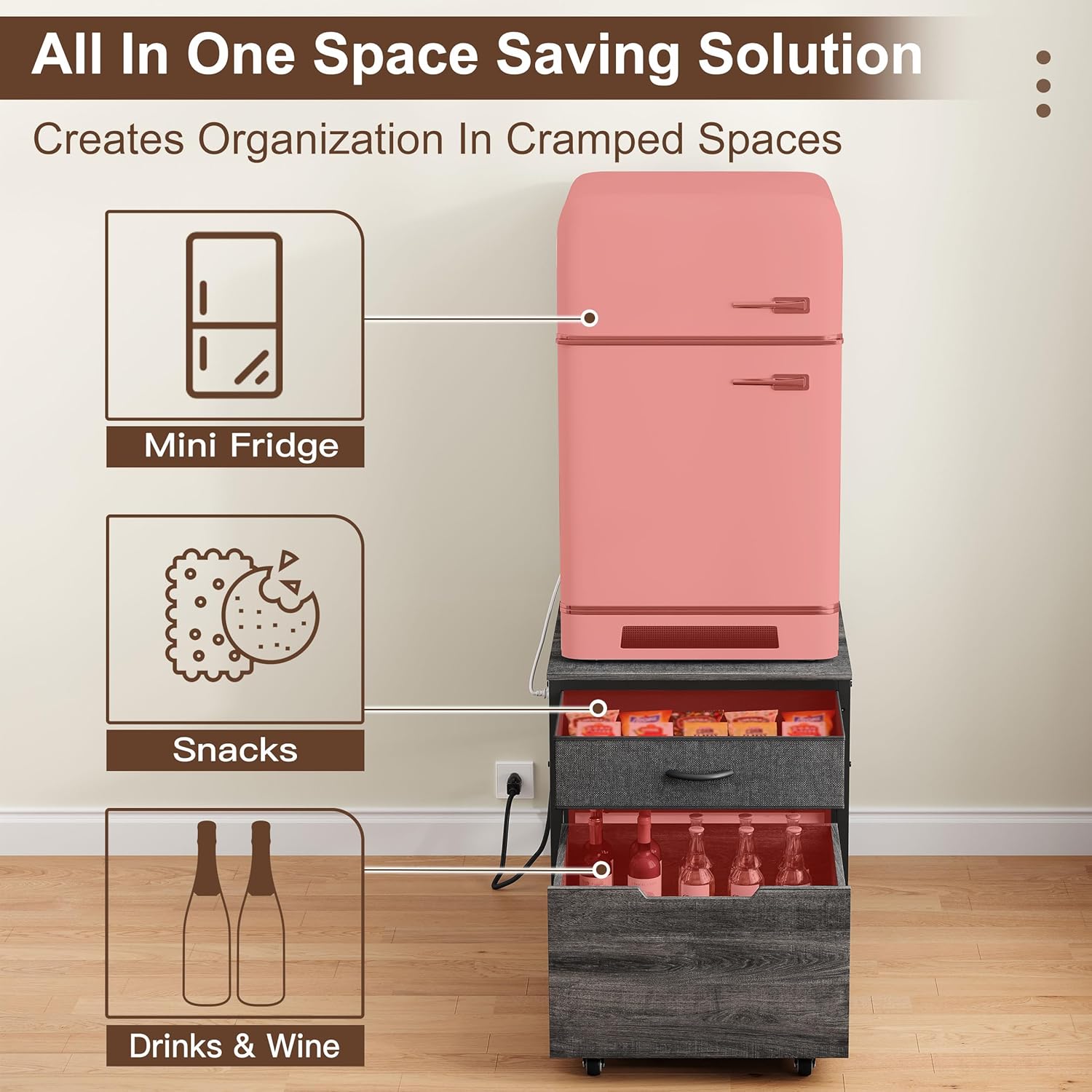 Mini Fridge Stand Cabinet Table Station With Storage Drawers For Dorm Refrigerator To Sit On, Heavy Duty Small Cart With Wheels, Grey Office Beverage Shelf and Power Outlet, Sturdy Bedroom Nightstand