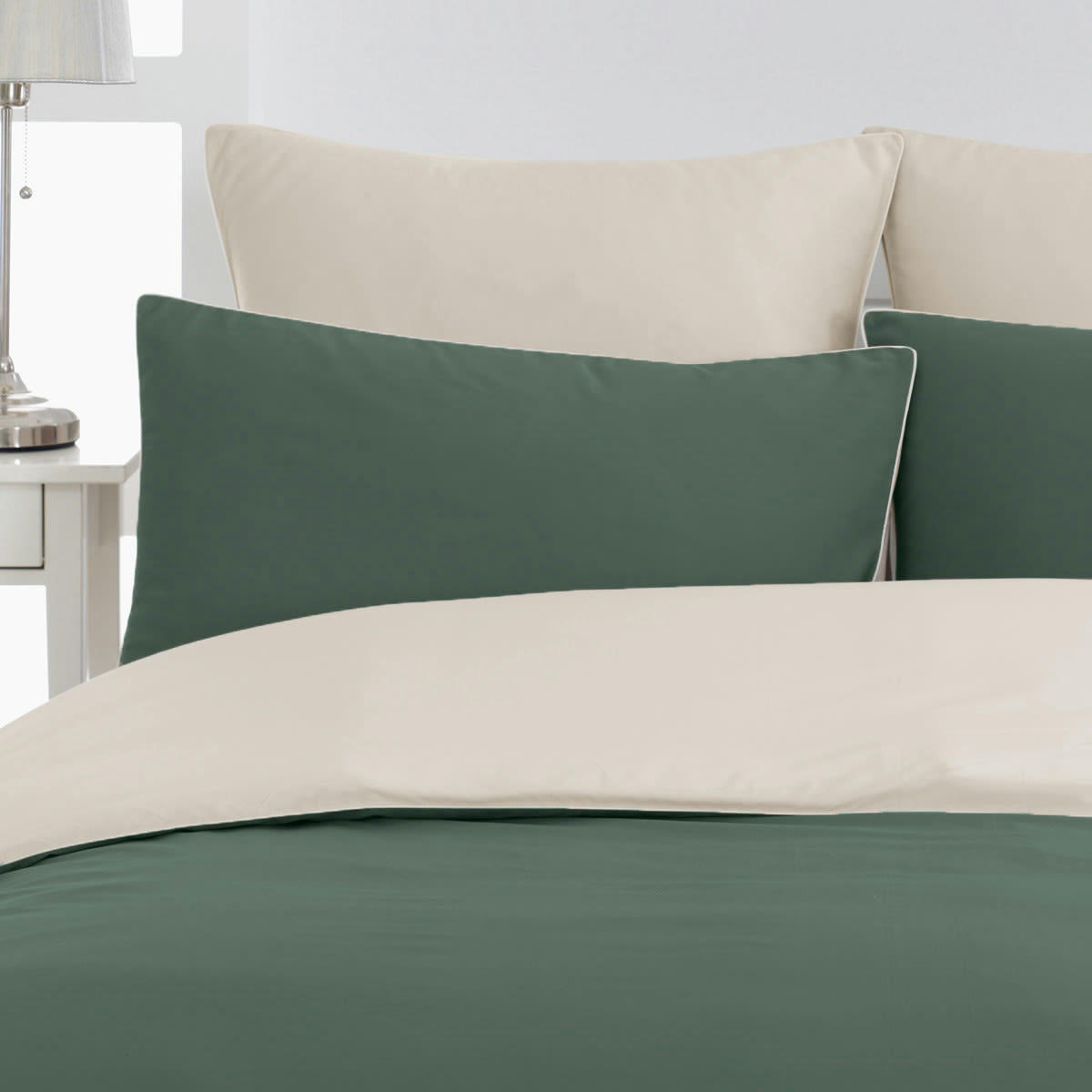 DOZMARY - 2 taies d'oreiller bicolores en percale Eucalyptus/Ficelle 50x70 cm
