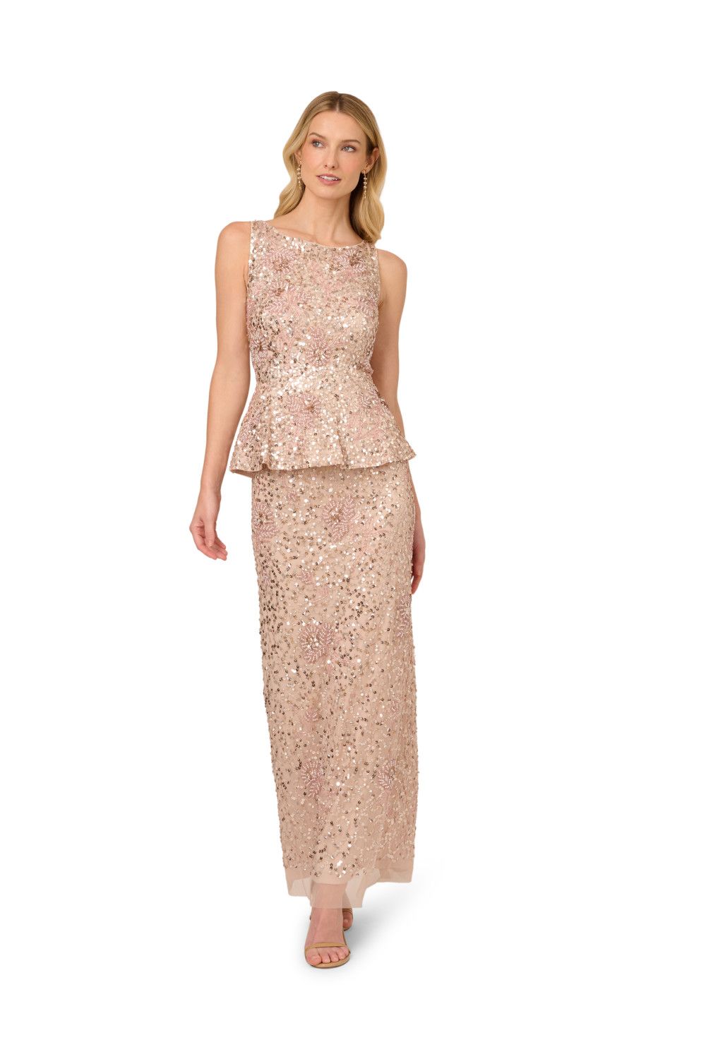 Adrianna Papell Beaded Peplum Long Dress