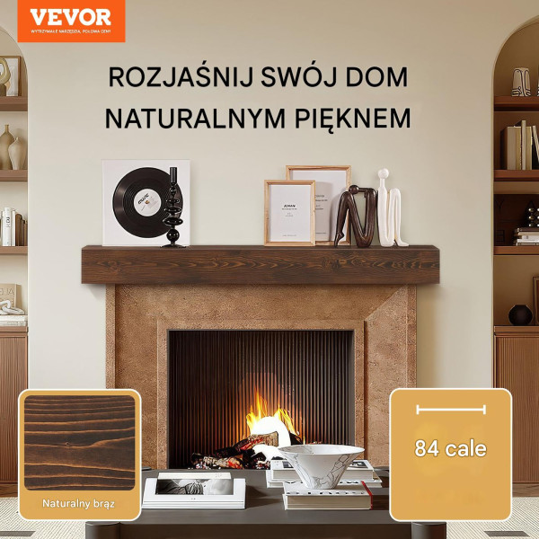 Półka na Kominek 213 cm Drewniana Wisząca do Salonu Naturalny Brąz