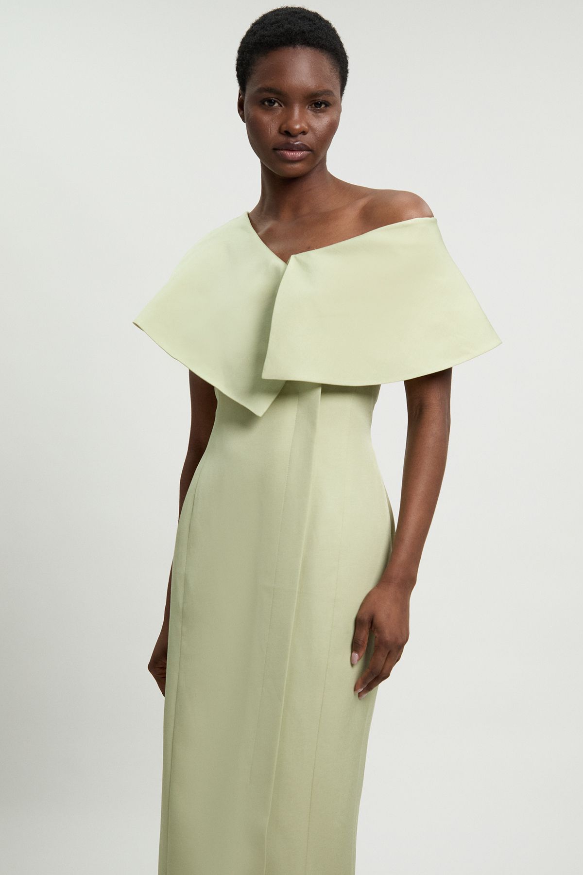 KarenMillen Polished Linen Blend Asymmetric Fold Detail Tailored Midi Pencil Dress
