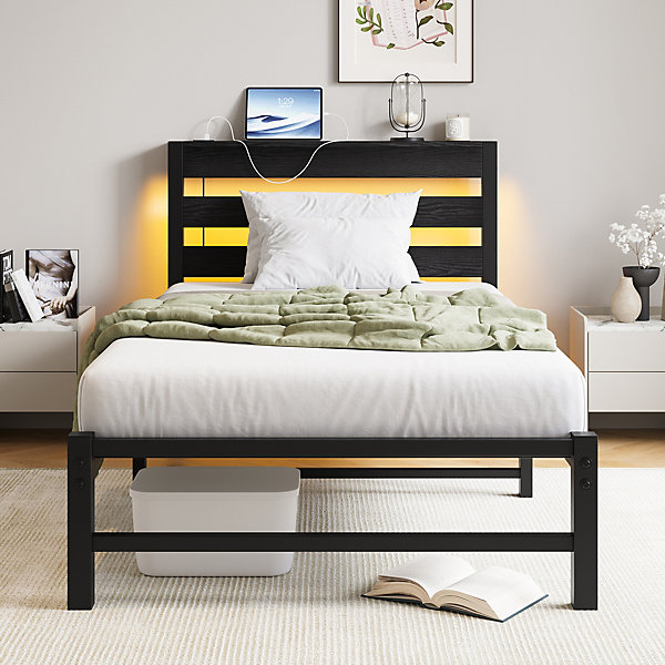 Lit Simple 90x200 cm, Lit Métal Ado avec éclairage LED et Prises USB, Rangement dessous, Sans Matelas, Métal et Bois, Noir