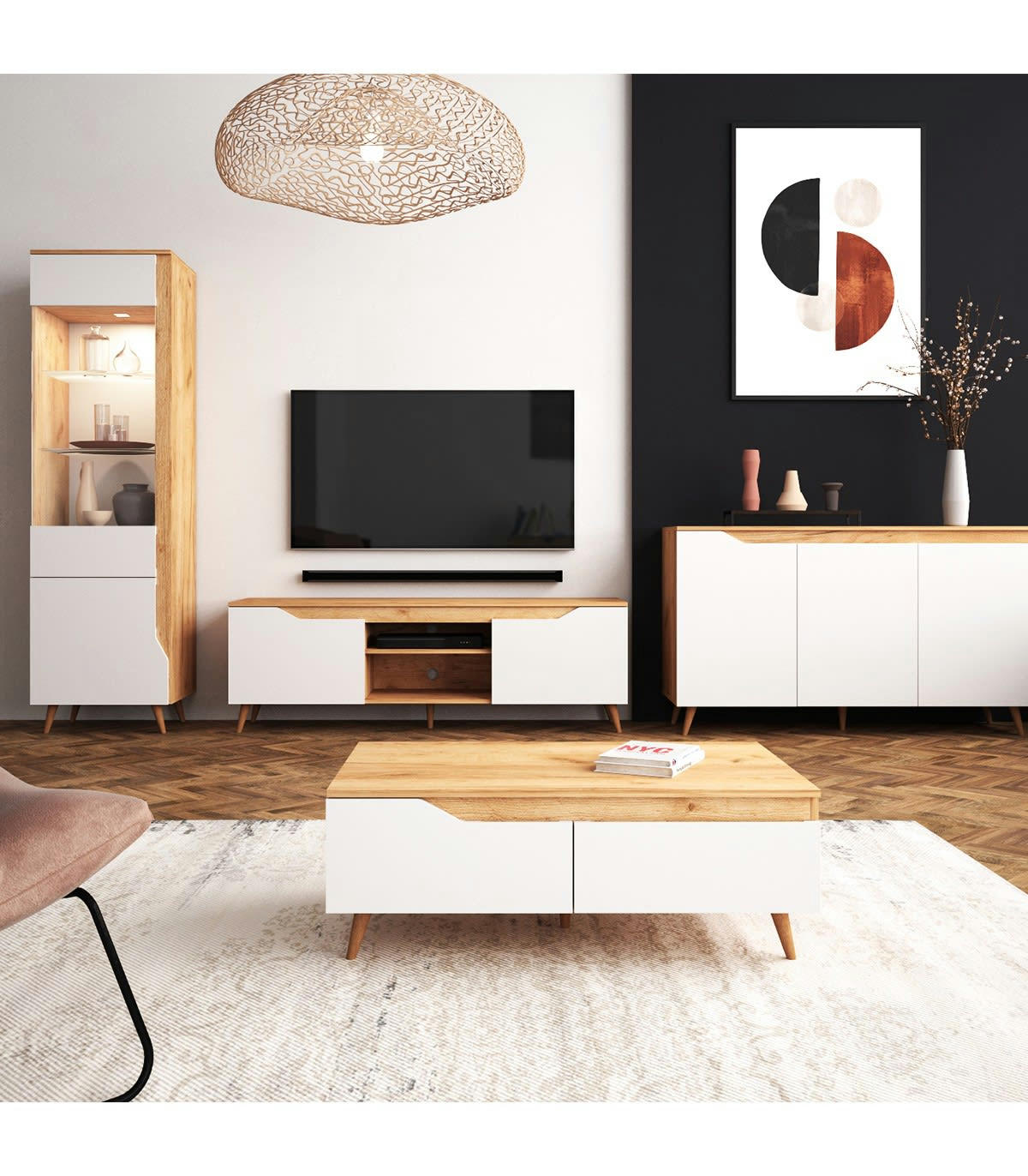 TREE - Meuble TV 2 portes et 2 niches L157 cm - Décor bois et blanc