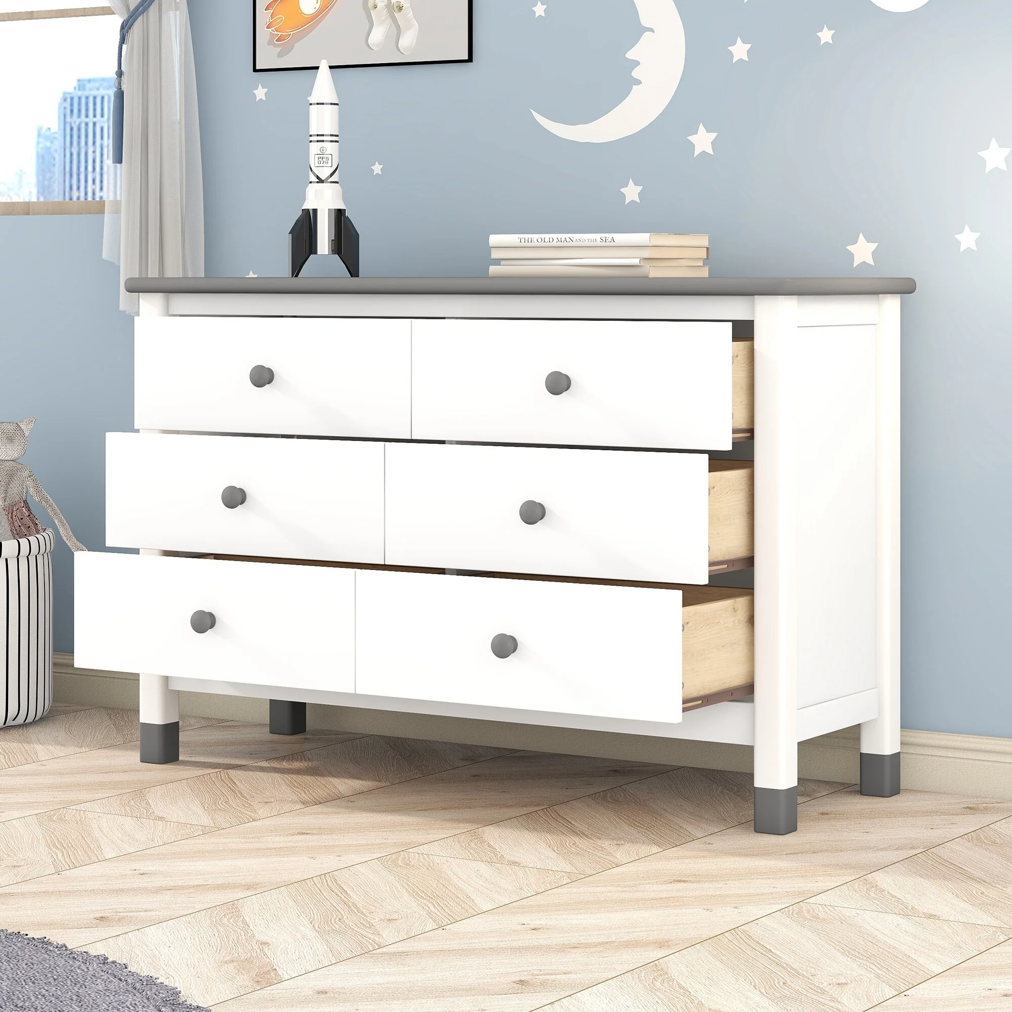 Solid Wood 6-Drawer Double Dresser, Storage Cabinet for kids Bedroom, Living Room