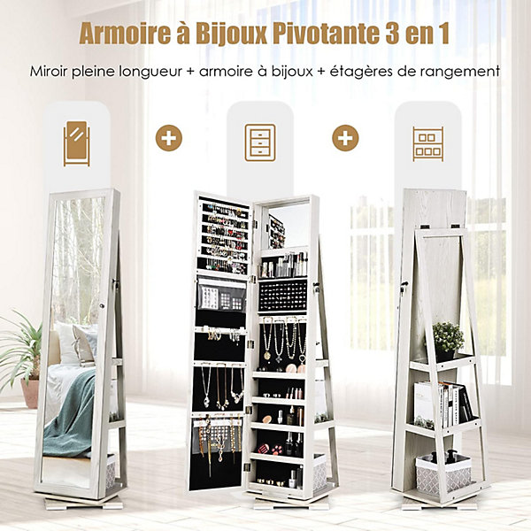Armoire a Bijoux Pivotante a 360 Degres Armoire a Bijoux Rotative en Bois et en Fer avec Miroir Placard de Beaute avec Serrure