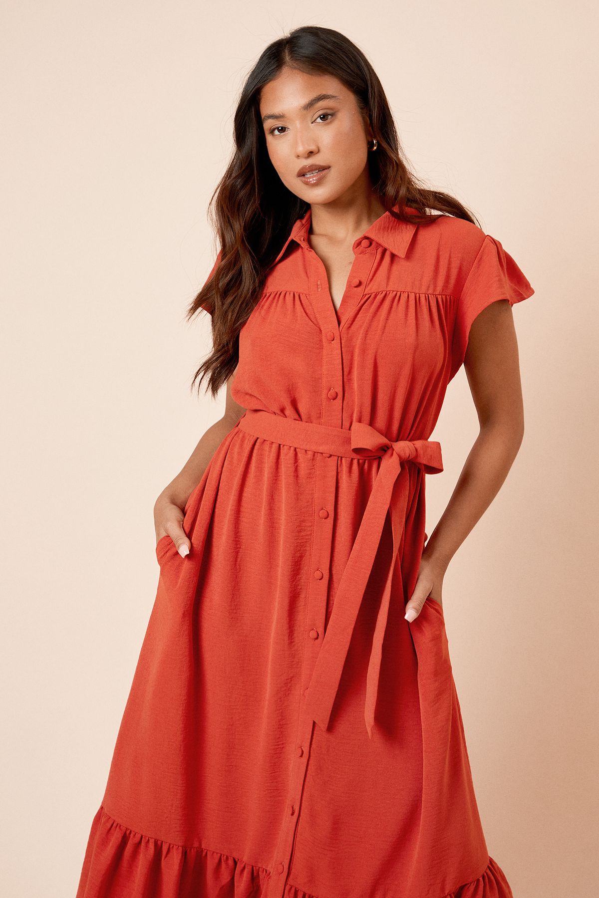 Dorothy Perkins Petite Frill Sleeve Belted Midi Shirt Dress