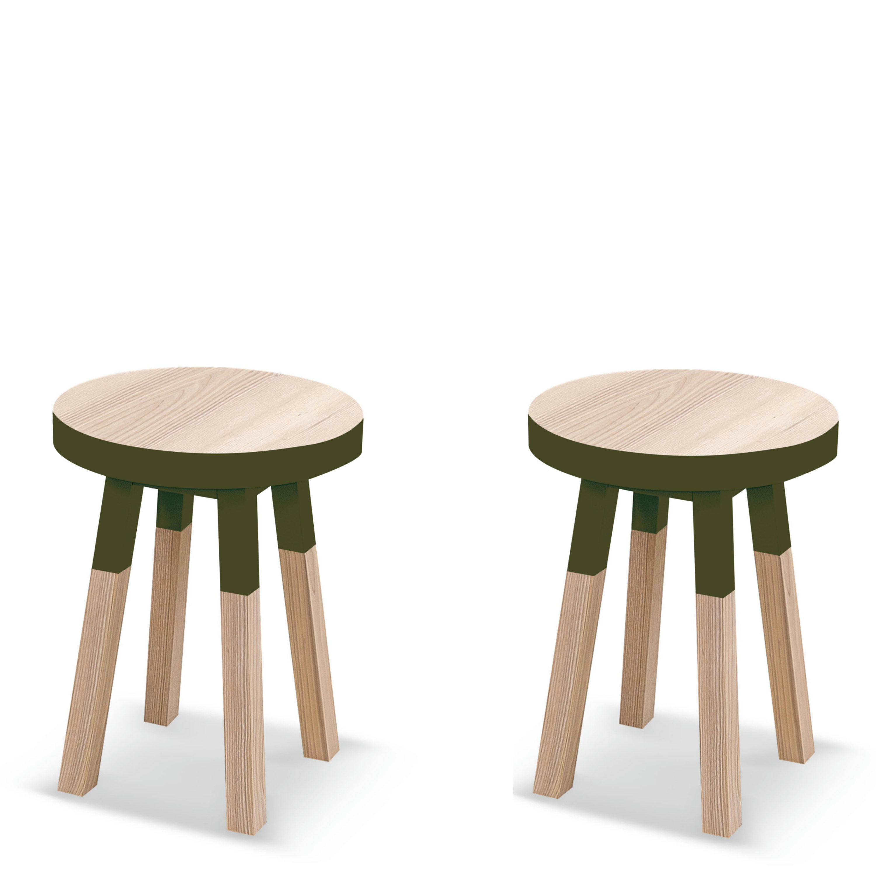 EGEE - Lot de 2 tabourets, assise diamètre 35 cm, 100% frêne massif vert lanc