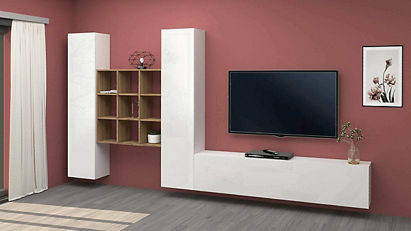 élément mural Denis, meuble TV 3 portes, Meuble de salon polyvalent, 100% Made in Italy, 270x30h180 cm, Blanc brillant et Erable