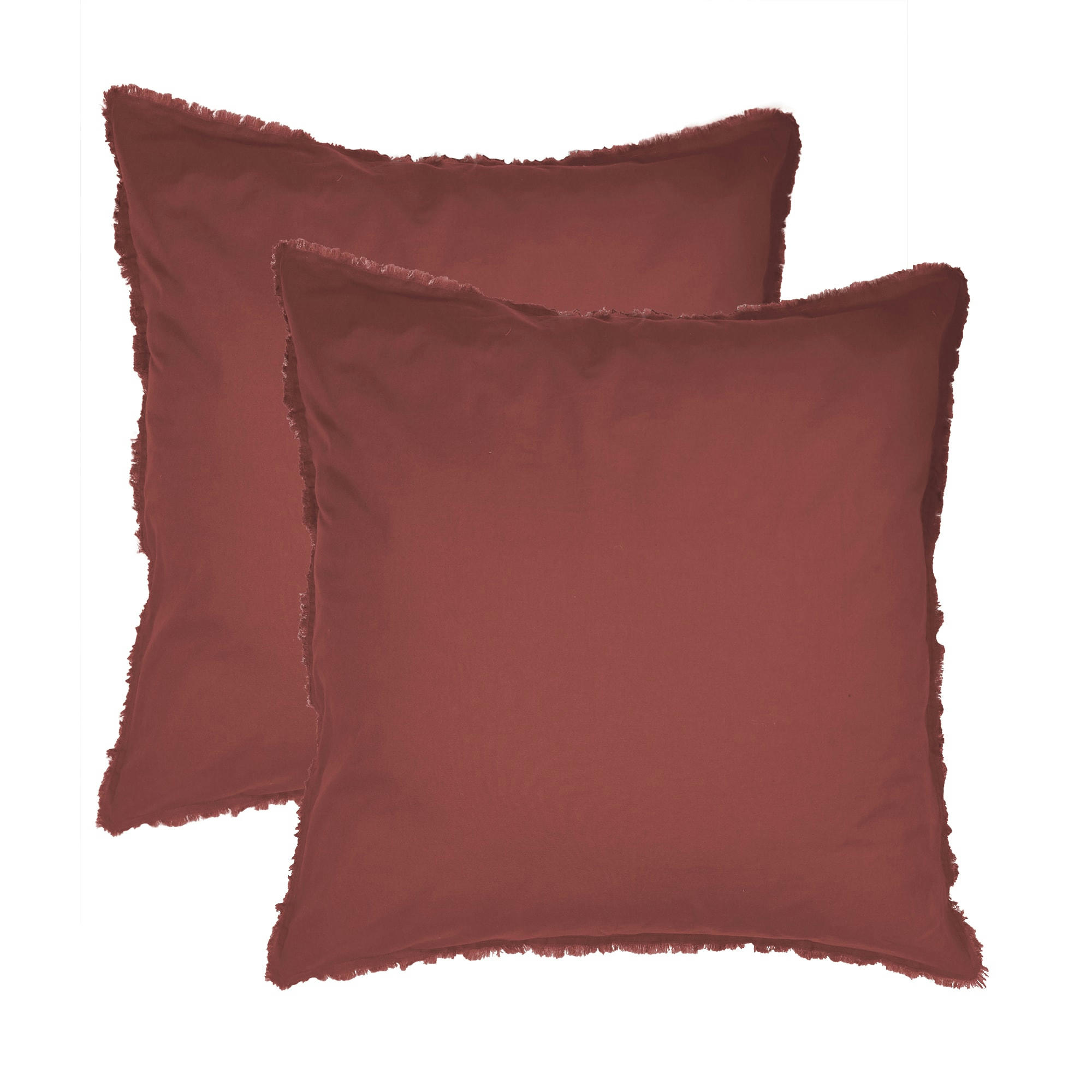 COTON LAVÉ - Set de 2 taies d’oreiller unies finition à franges Lie De Vin 65x65cm