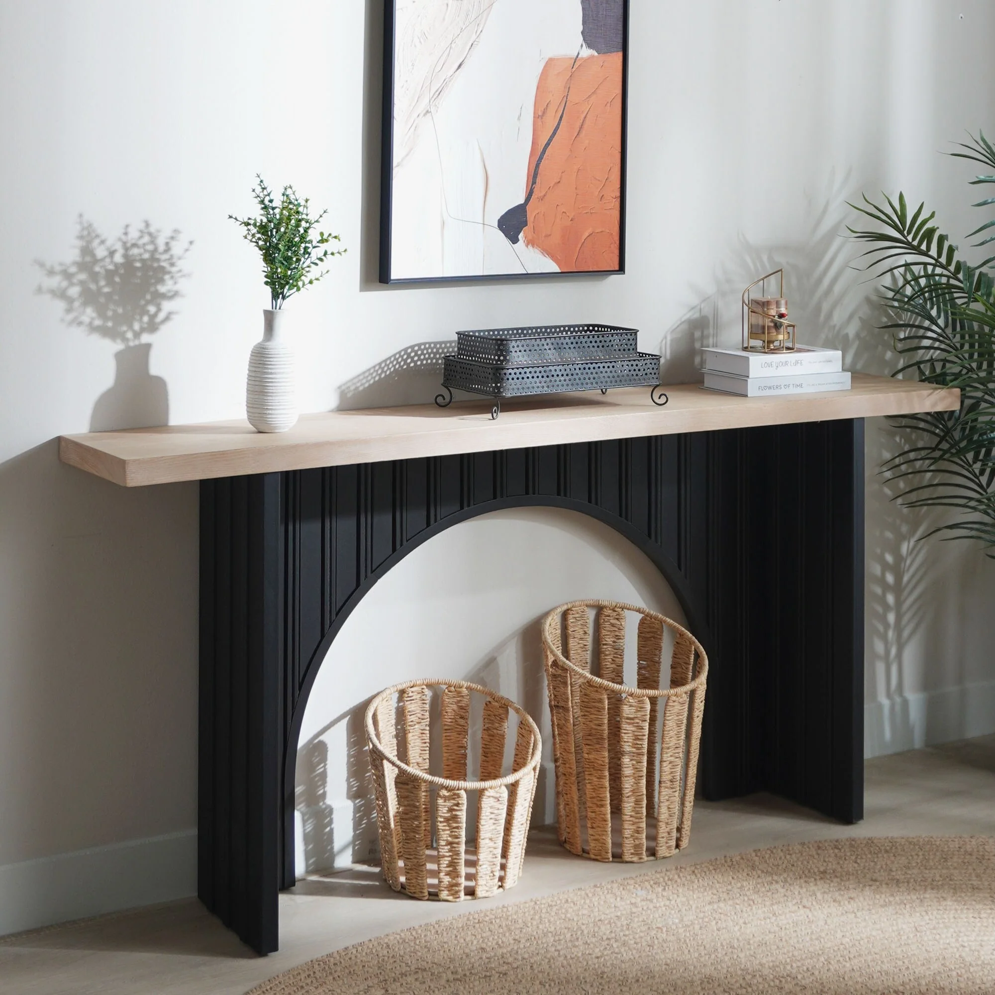 Modern Minimalist Console Table with Black Arch Base and Natural Wood Top, Console Table,Wood Table