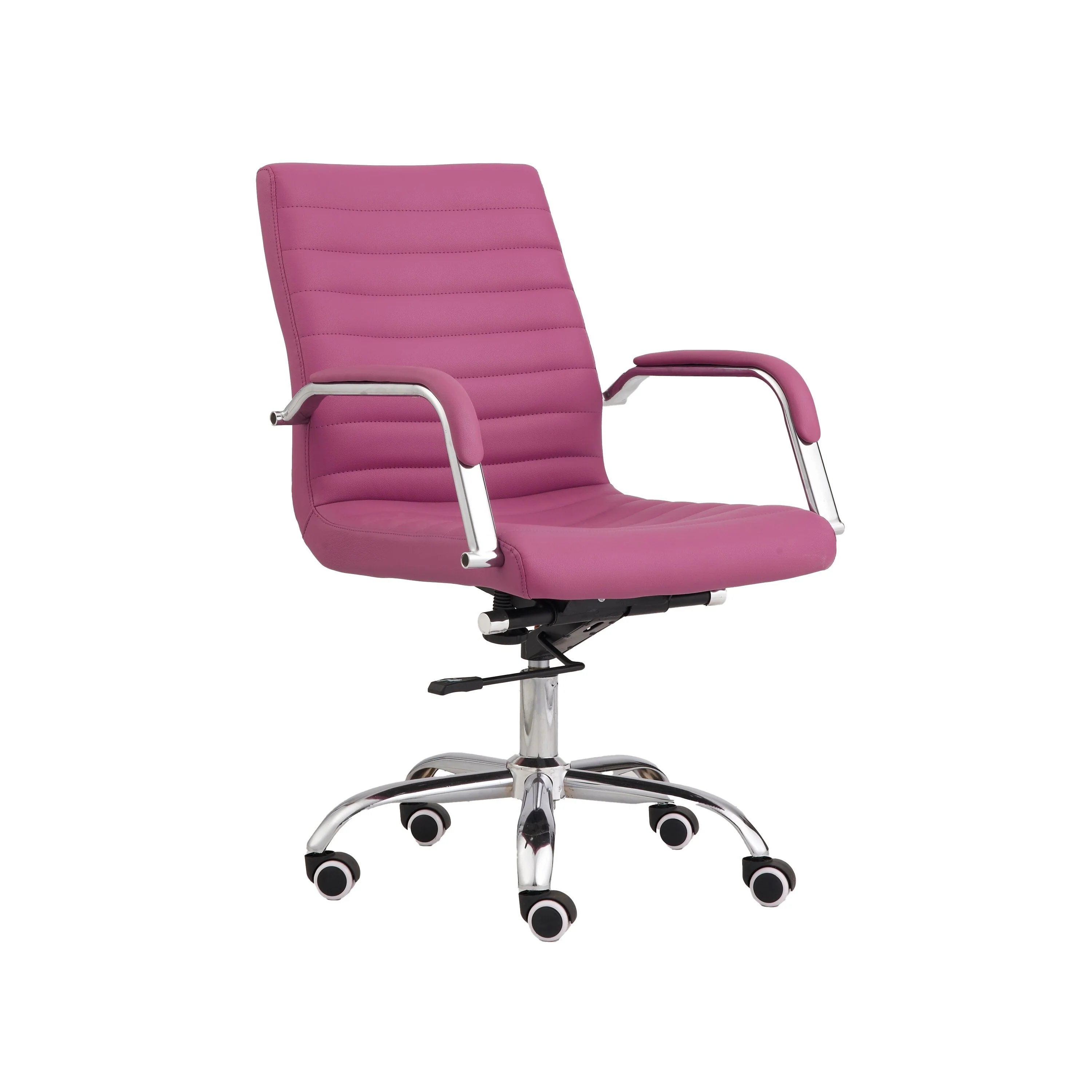 22 Inch Swivel Office Armchair, Sleek Lines and Tufted Pink Faux Leather