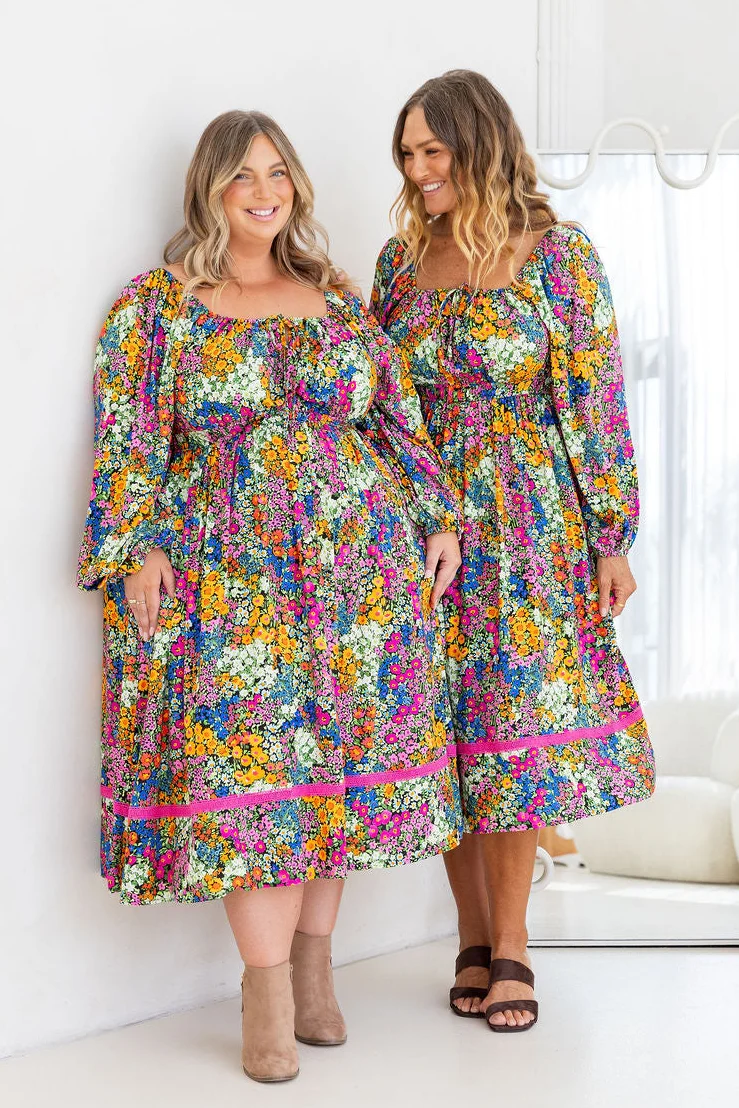 Long Sleeve Amberly Midi Dress in Flower Field Dawn
