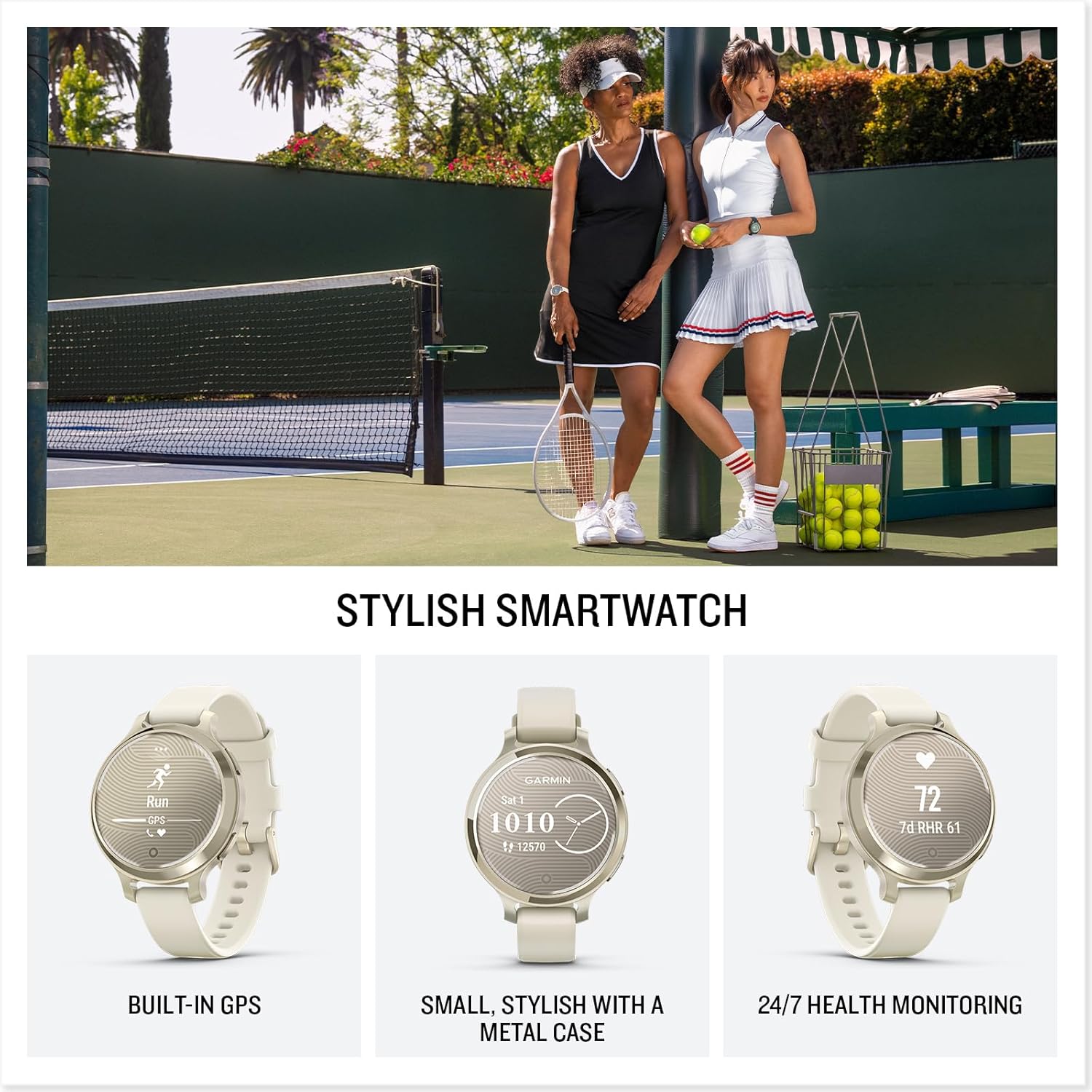 Garmin Lily® 2 Active  Small and Stylish Smartwatch  Built-in GPS  Hidden Display  Patterned Lens  Up to 9 Days Battery Life  Lunar Gold with Bone Silicone Band