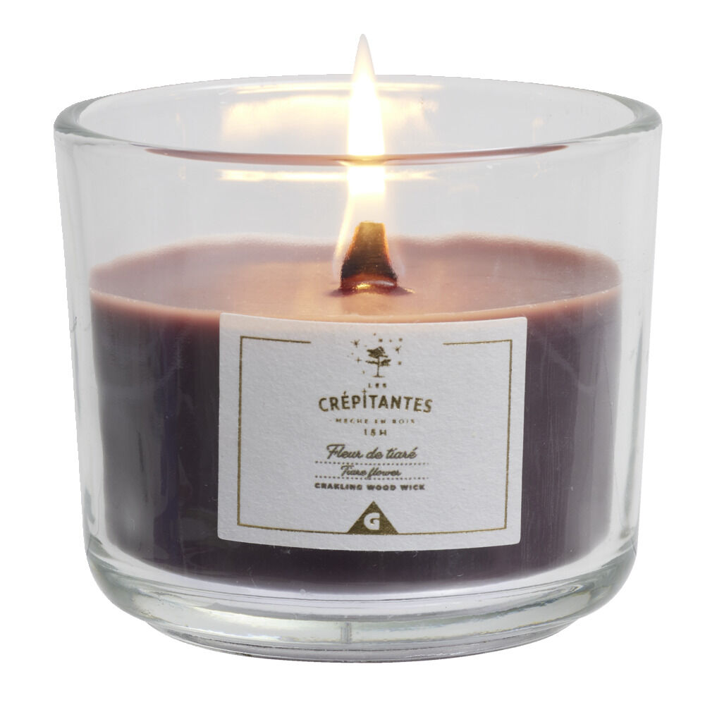 Bougie crépitante mèche en bois senteur fleur de tiaré 15H