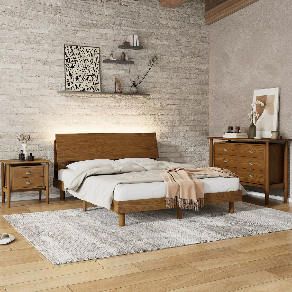 3-Pieces Bedroom Sets, Queen Platform Bed with Nightstand and Dresser