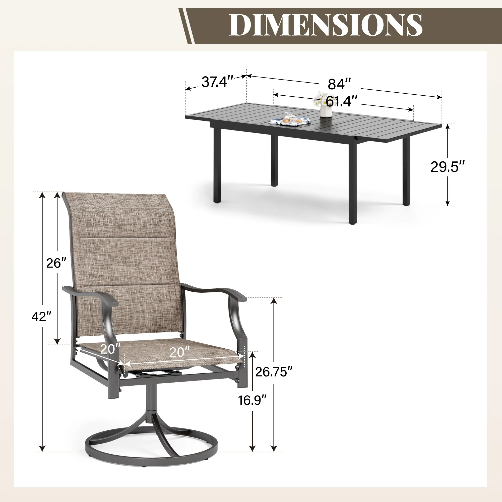 MAISON ARTS Modern Expandable Table Patio Dining Set with Rocking Swivel Chairs