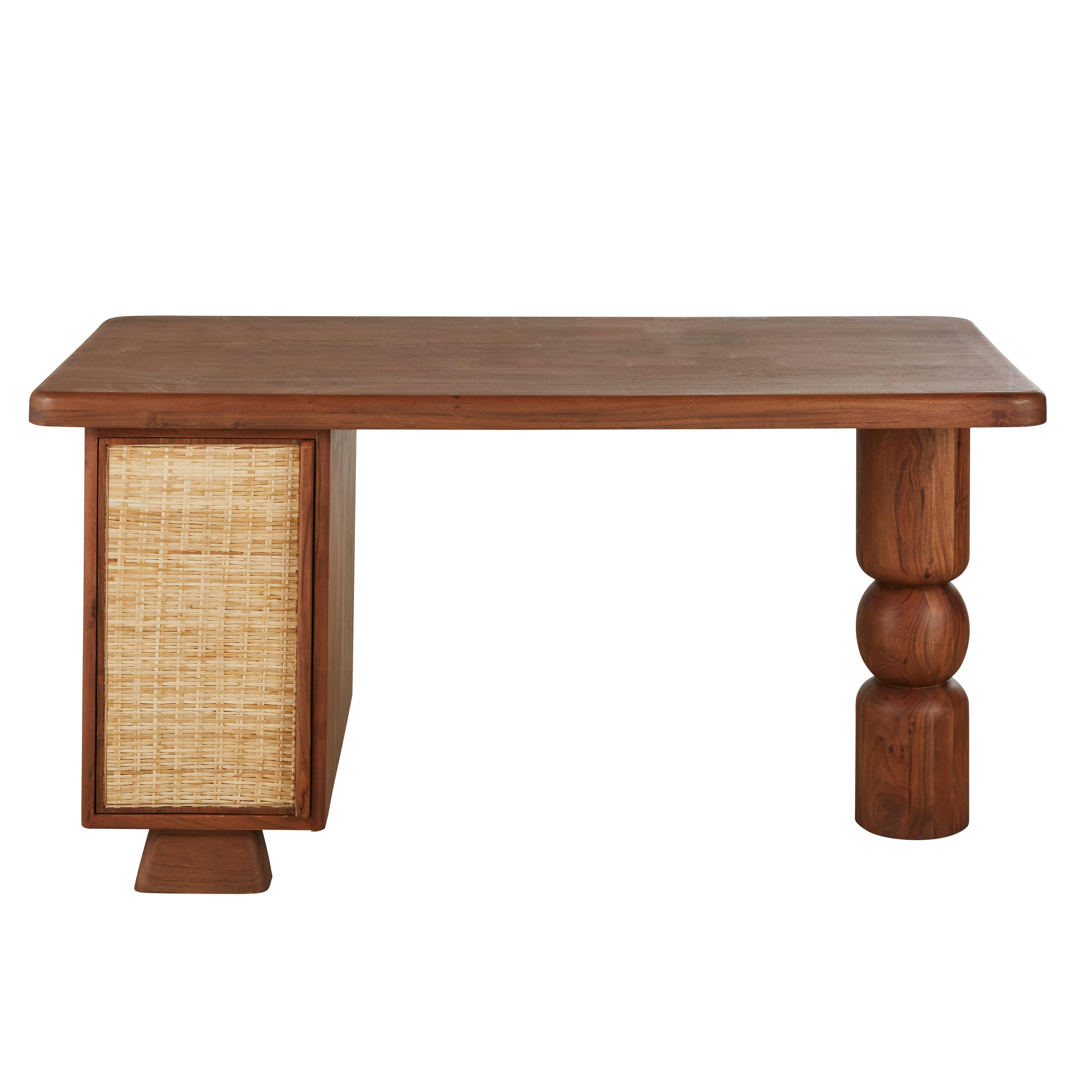 Alya - Bureau 1 porte coloris noisette et rotin tressé