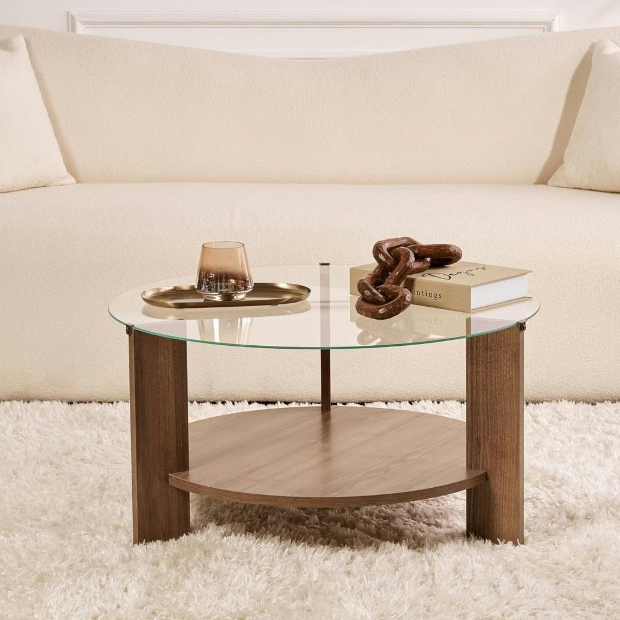 Table basse verre double plateau - effet bois de noyer SALTA