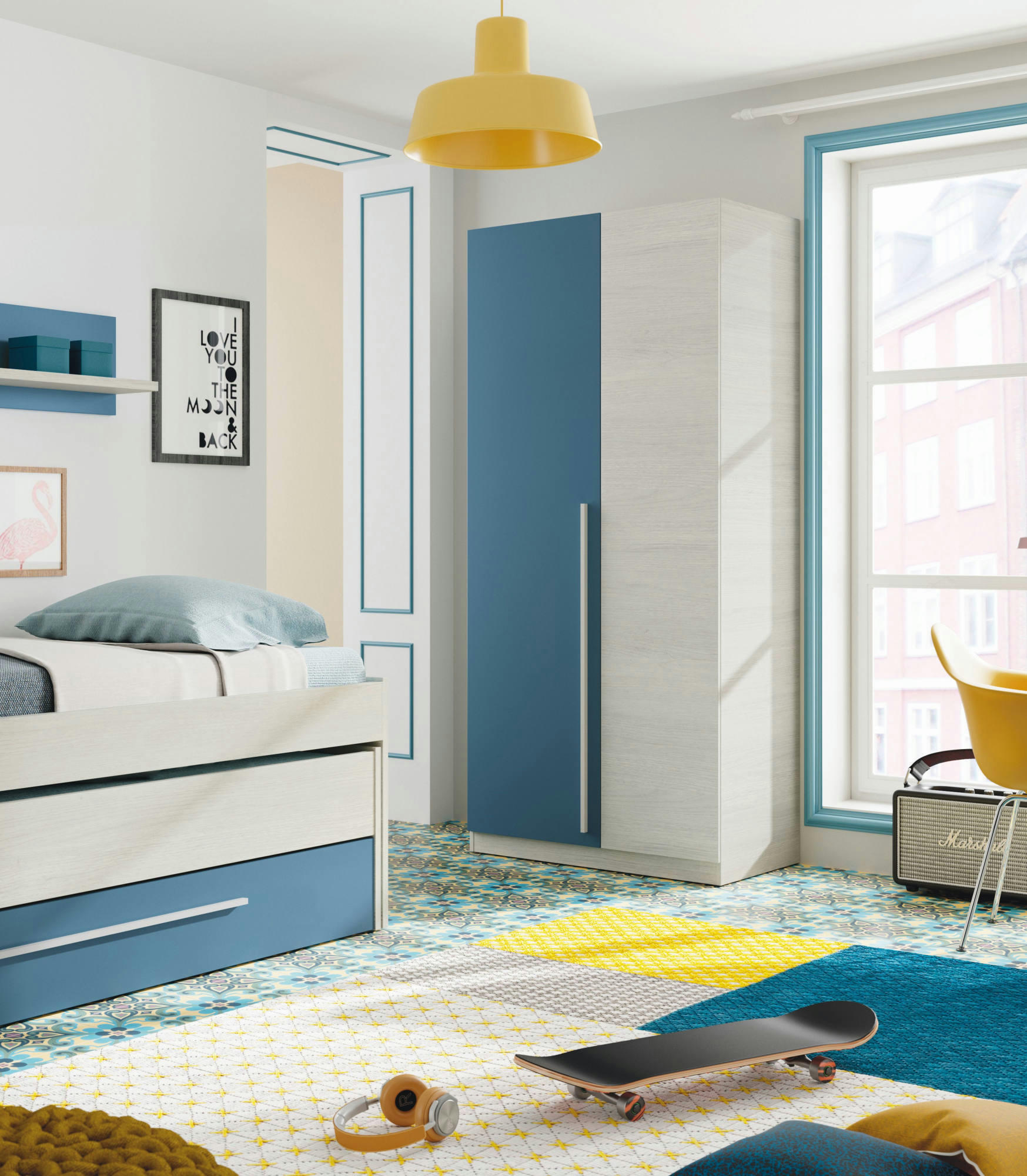 ABILENE - Garde-robe 2 portes battantes effet bois blanc et bleu