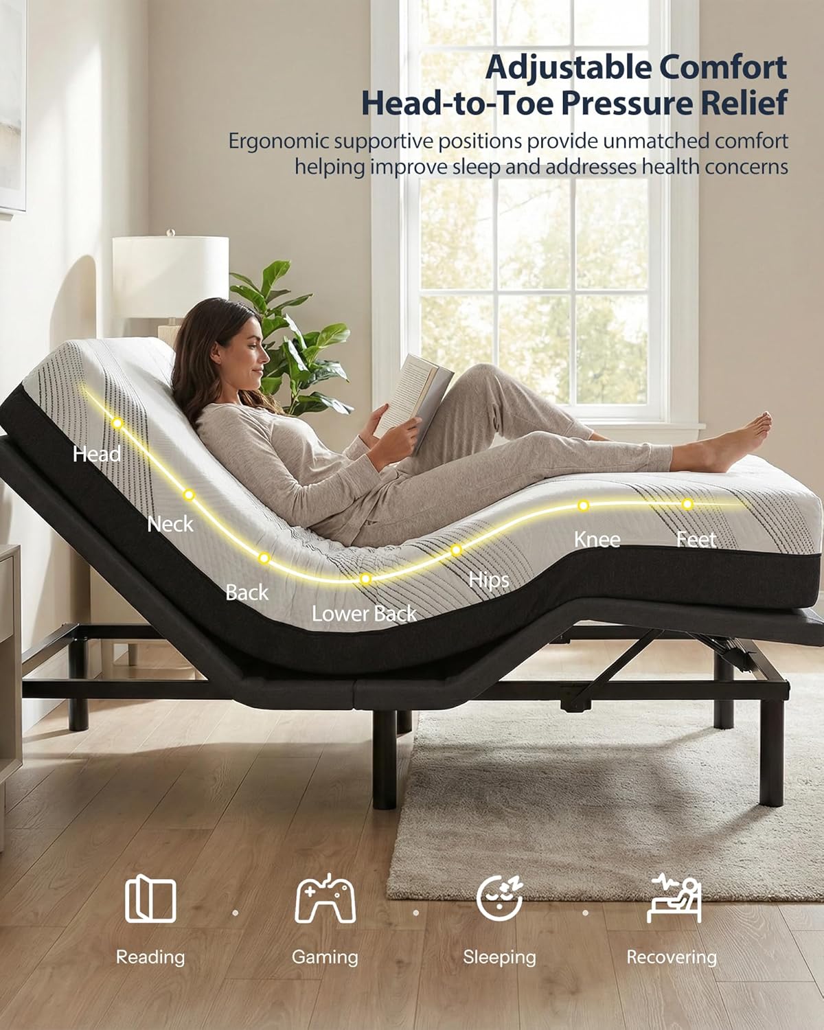 Adjustable Bed Frame King, Head & Foot Incline with Wireless Remote, Zero Gravity & Anti-Snore Modes, Adjustable Height Bed Base, Back Pain Relief, Post-Surgery Recover, Relieve Acid Reflux