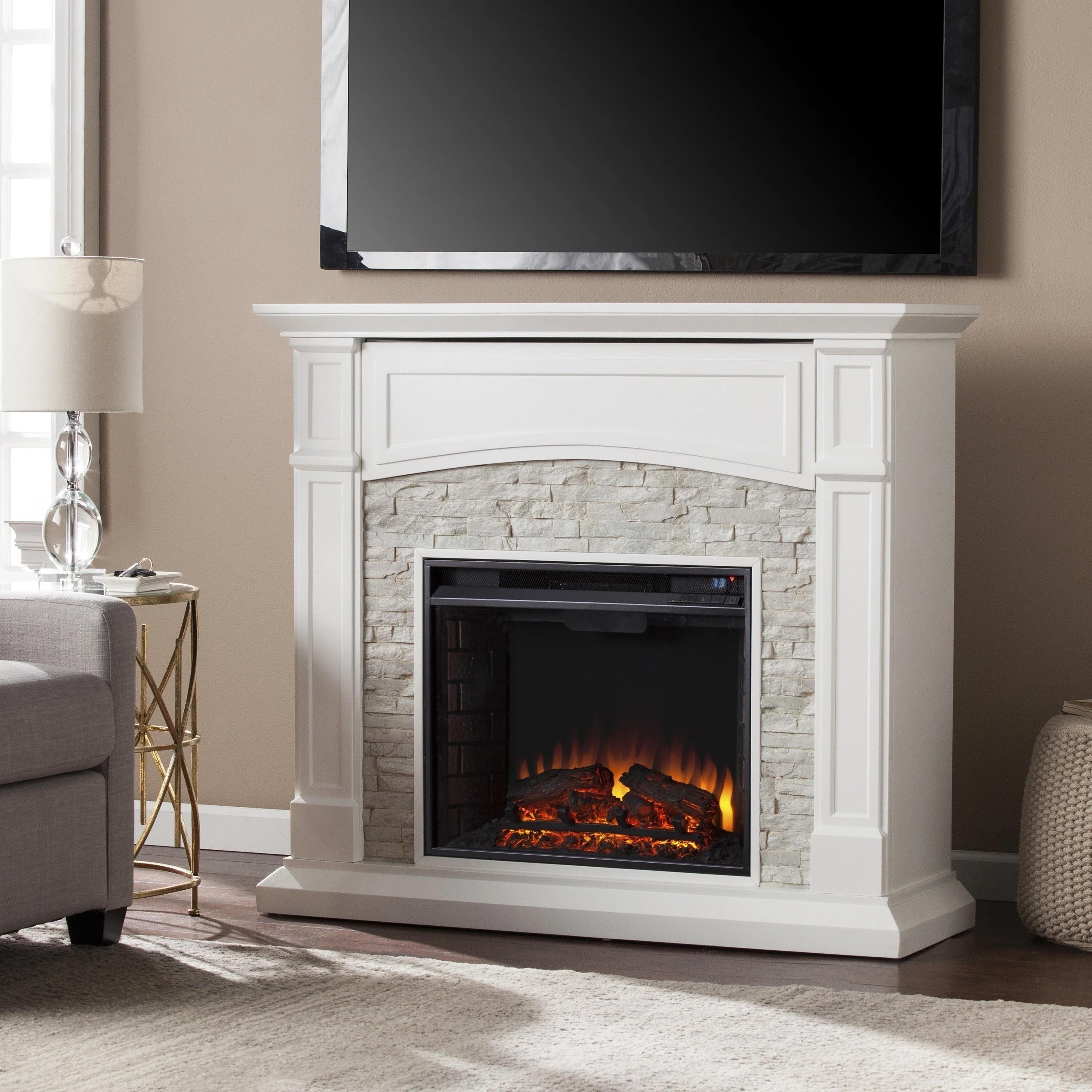 SEI Furniture Helliwell Electric Media Fireplace with White Faux Stone Mantel and Media Storage