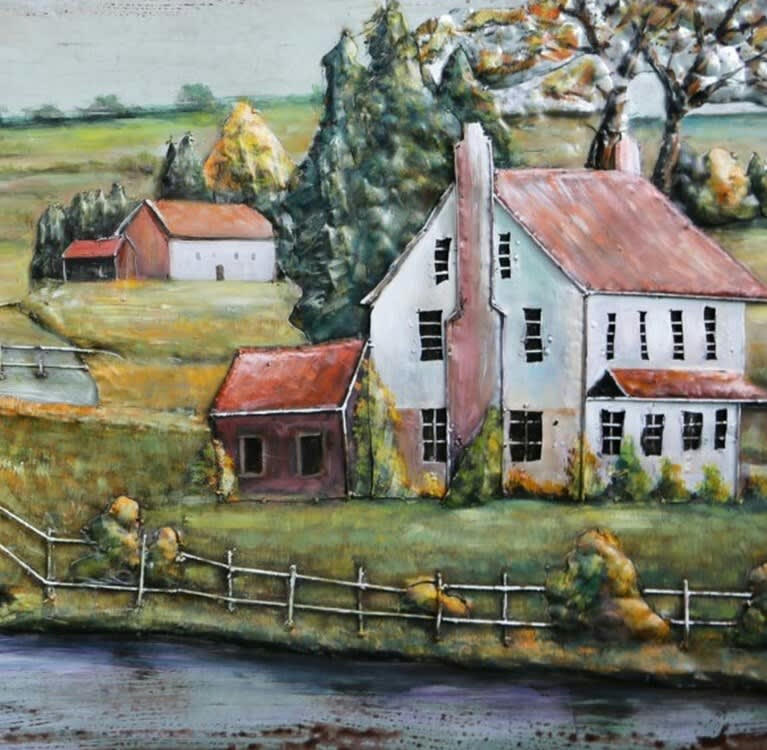 MÉTAL BRASS - Tableau relief en métal maison et ferme 80x60