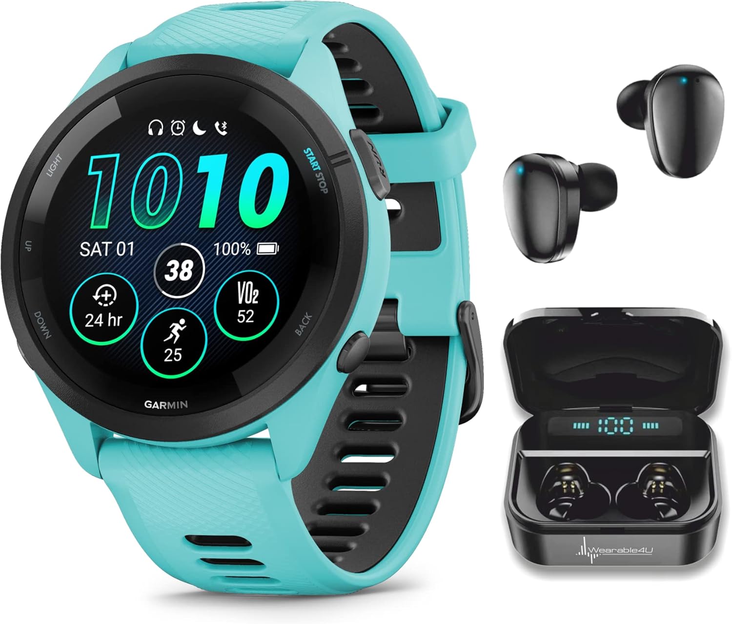 Wearable4U Garmin Forerunner 265 Music GPS Running 46 mm Smartwatch  Aqua with AMOLED 1.3 in Touchscreen Display Black Earbuds Bundle