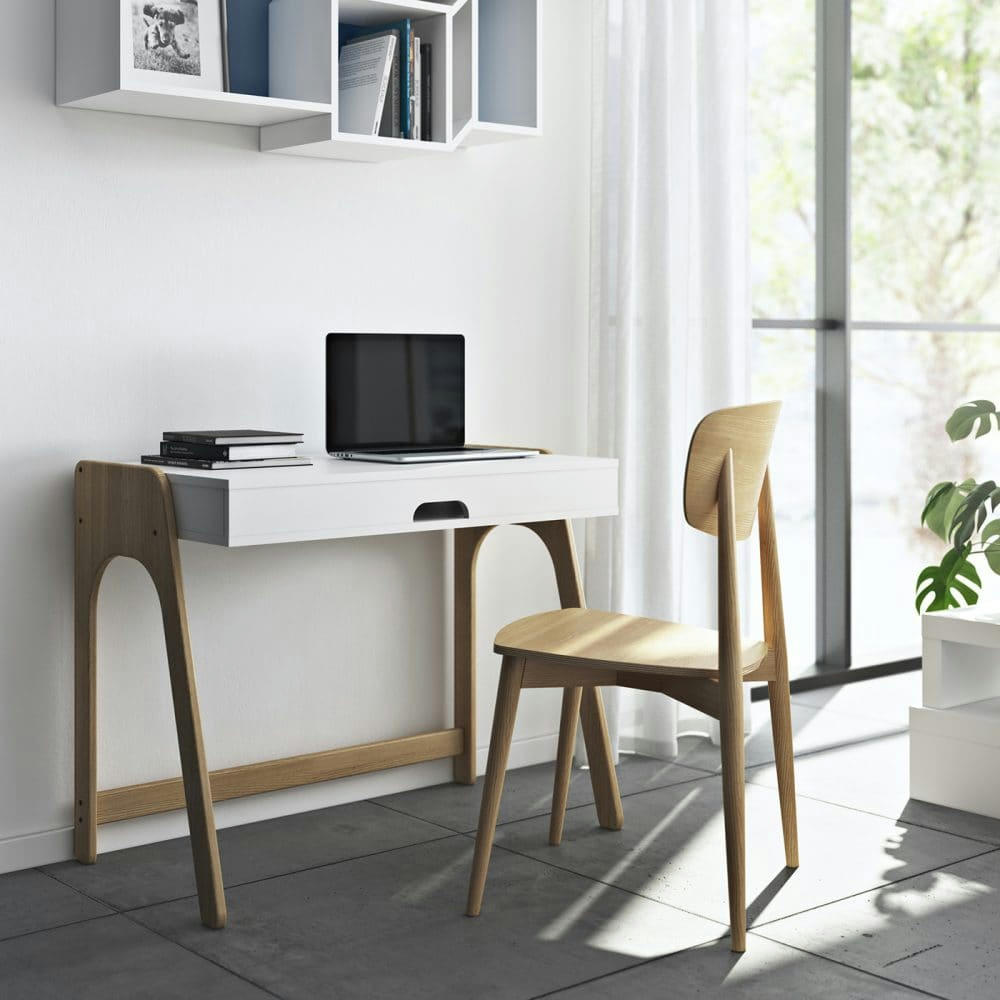 AURA - Bureau  placage chêne naturel et blanc laqué