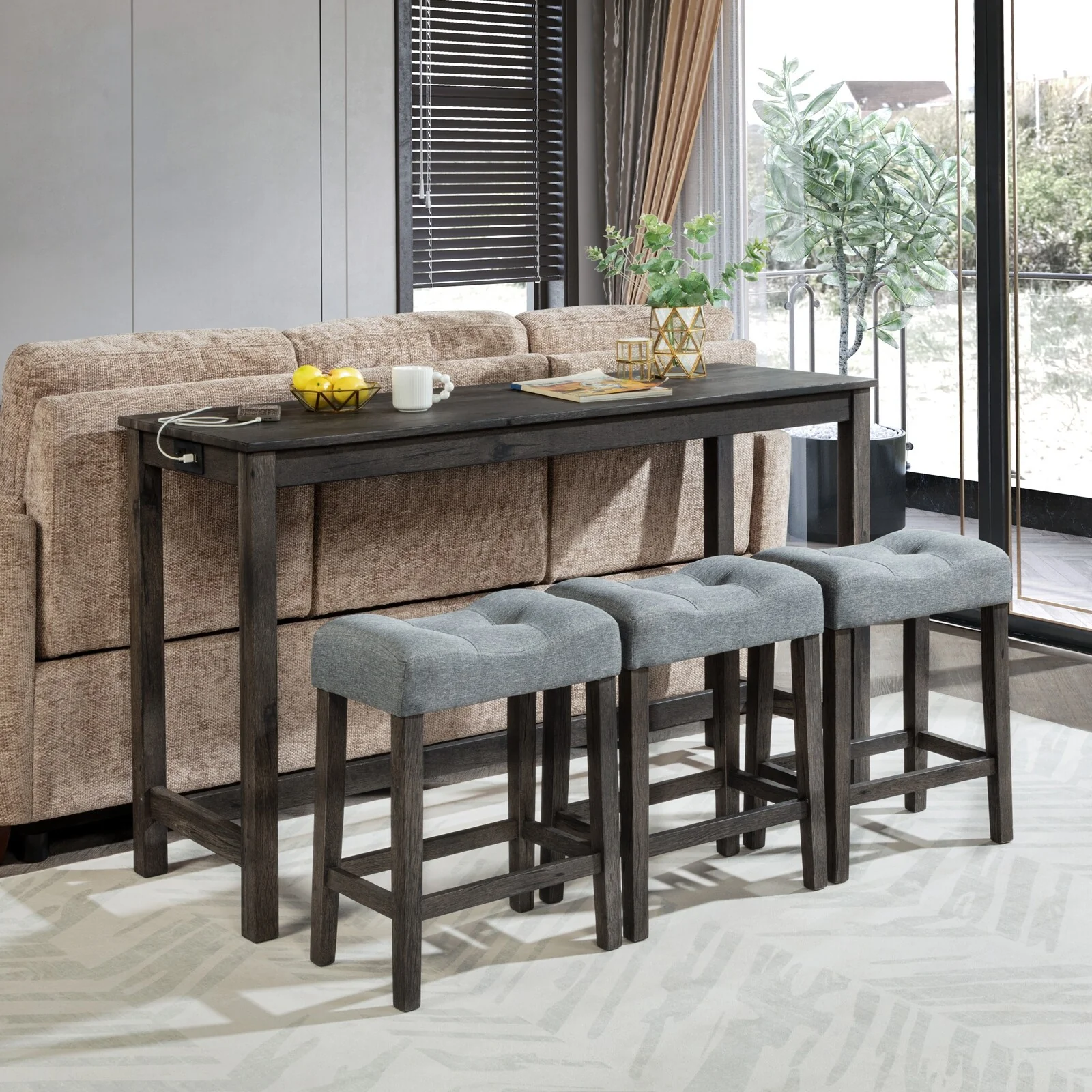 4 Piece Bar Kitchen Table Set with Power Outlet and USB Port & 3 Padded Stools