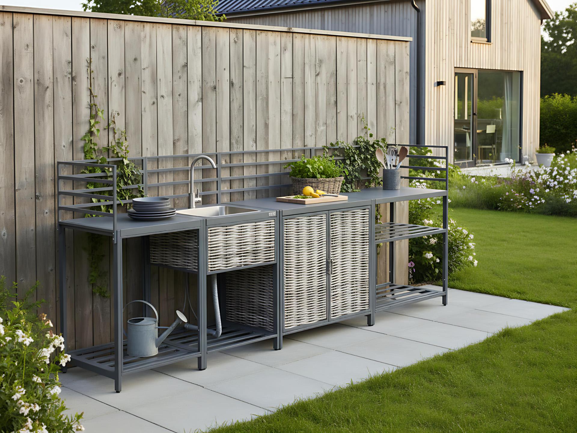 4 Piece Outdoor Kitchen Set with Sink MIRADOR PE Rattan Grey