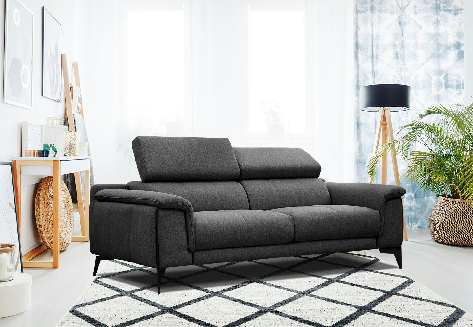 MATERA - Canapé XXL droit 3 places tissu noir