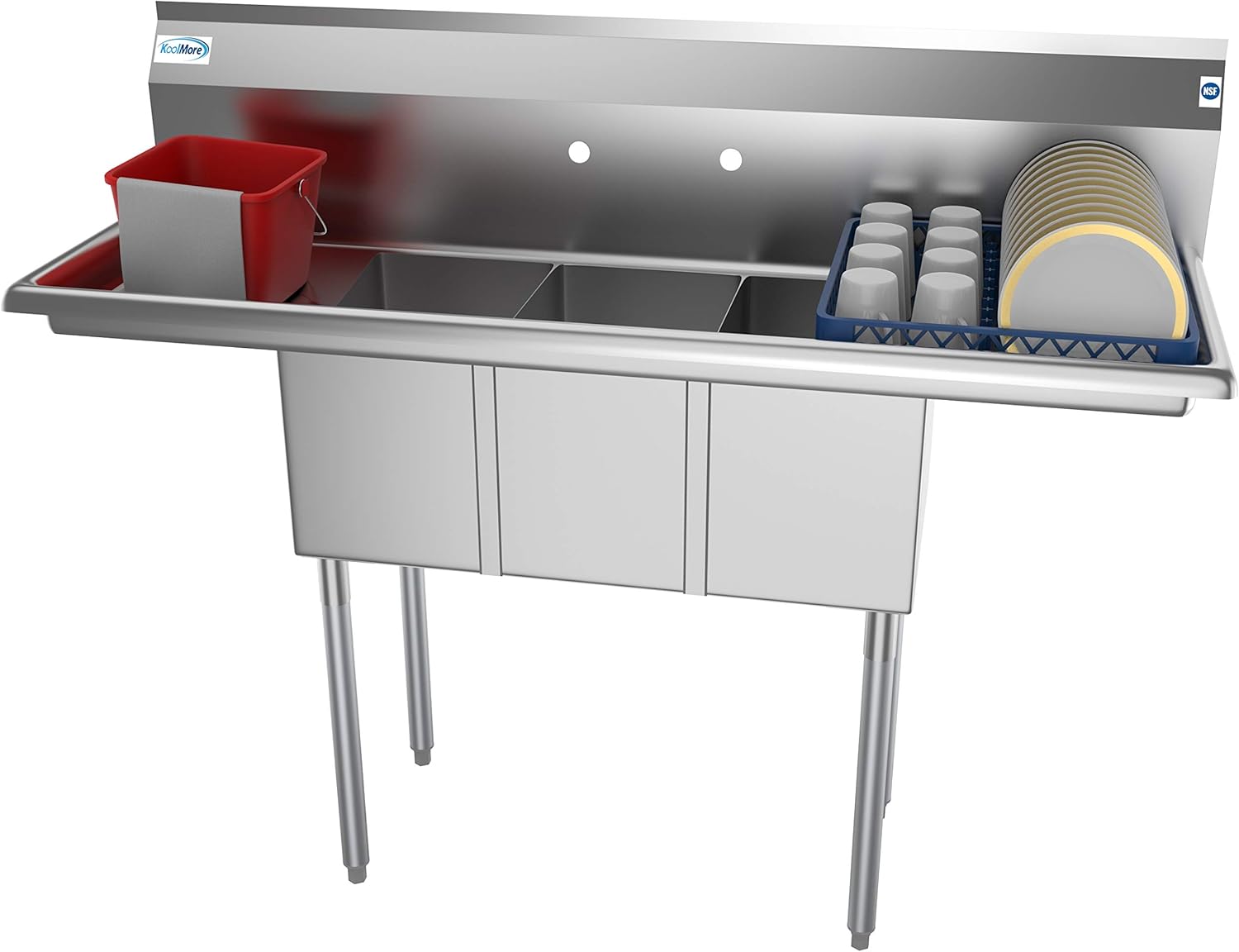 KoolMore - SC101410-12B3 3 Compartment Stainless Steel NSF Commercial Kitchen Sink with Right and Left Drainboards - Bowl Size 10 x 14 x 10, Silver